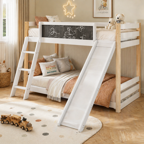 Lit superposé enfant avec accès incliné et toboggan