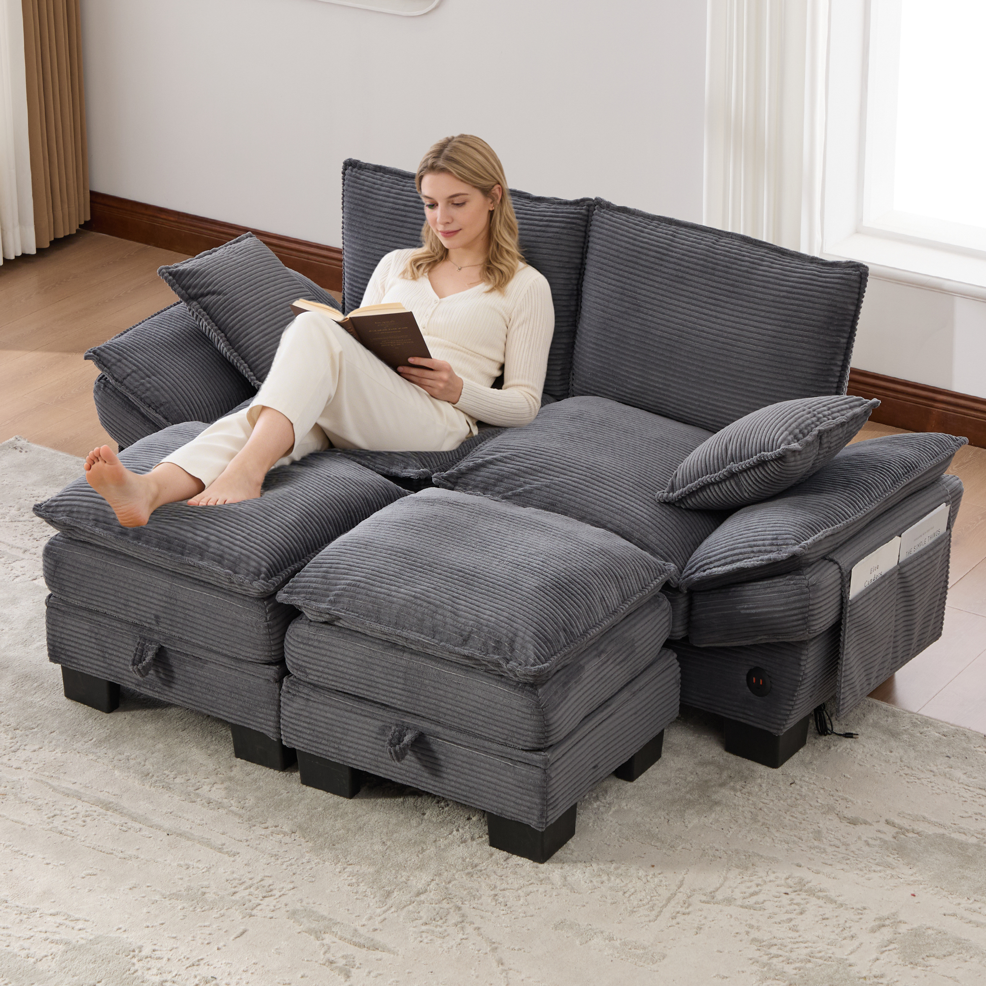 Canapé modulable 2 places 190 x 132 x 84 cm, avec coffre sous l’assise, pouf, ports USB/USB-C et prise électrique, Velours côtelé, gris foncé - vue principale 1