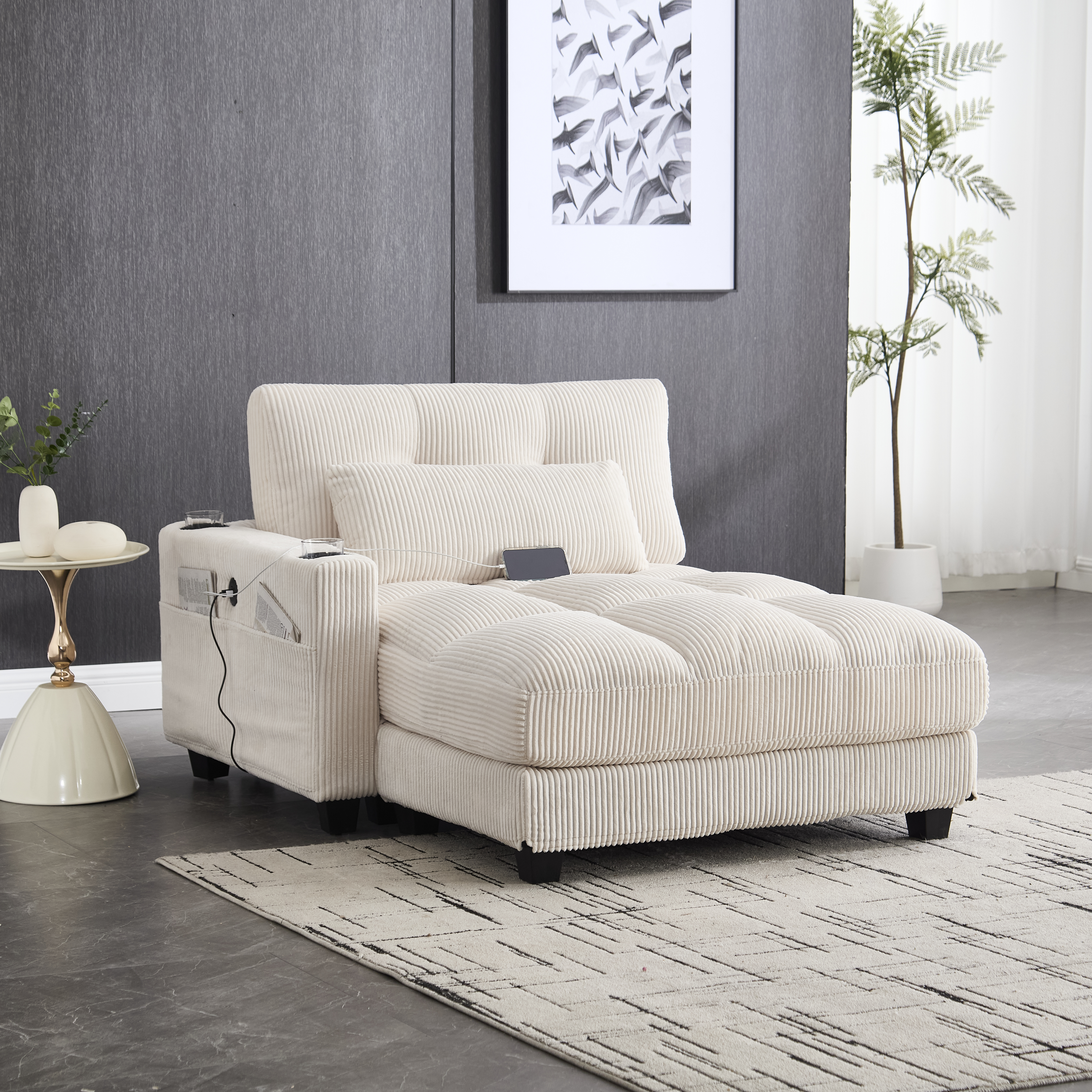 Canapé modulable 2 places 224 x 140 x 81 cm, avec poches latérales, porte-gobelets, port USB et prise électrique, Velours côtelé, beige - vue principale 1