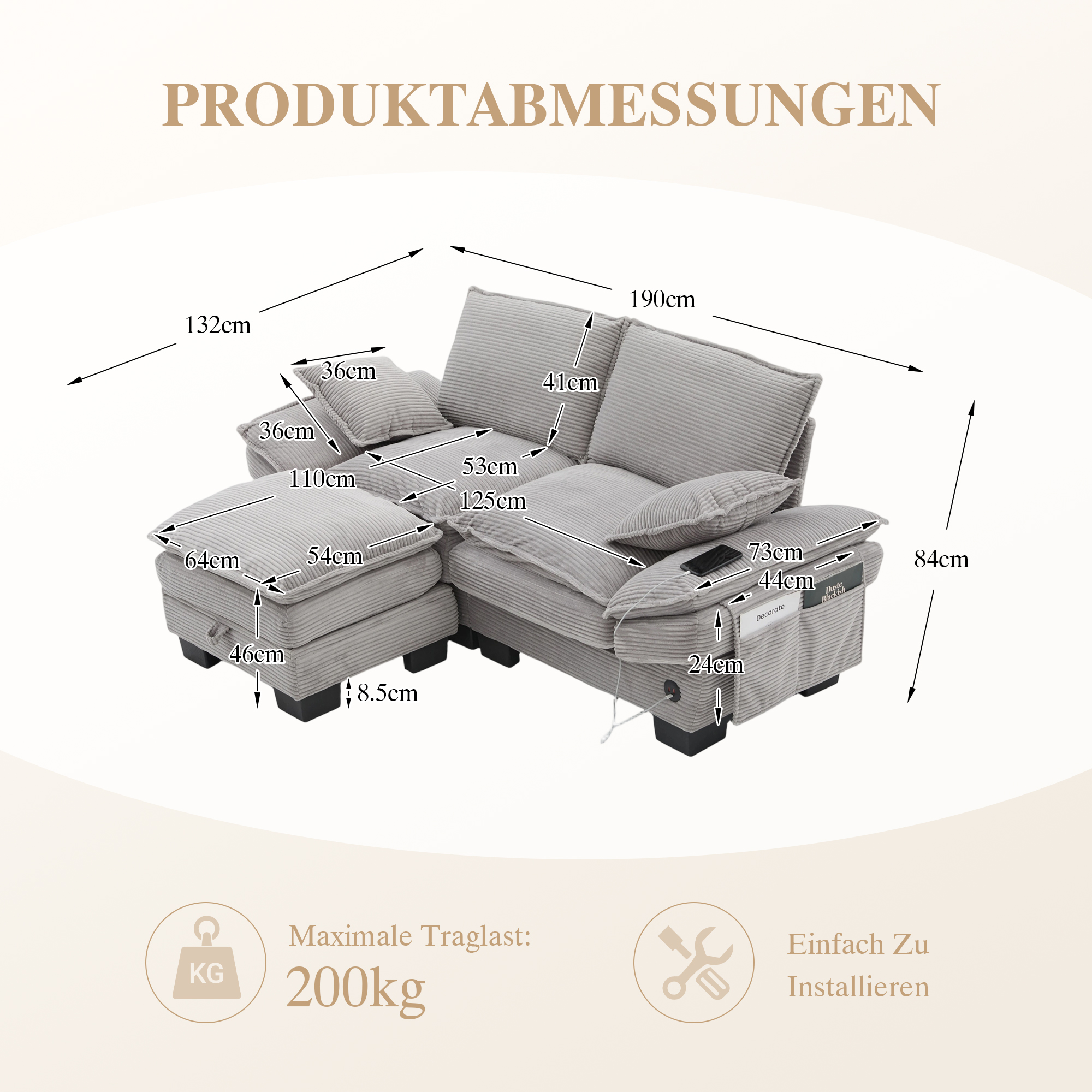 Canapé modulable 2 places 190 x 132 x 84 cm, avec coffre sous l’assise, pouf, ports USB/USB-C et prise électrique, Velours côtelé, gris clair - spécifications 1