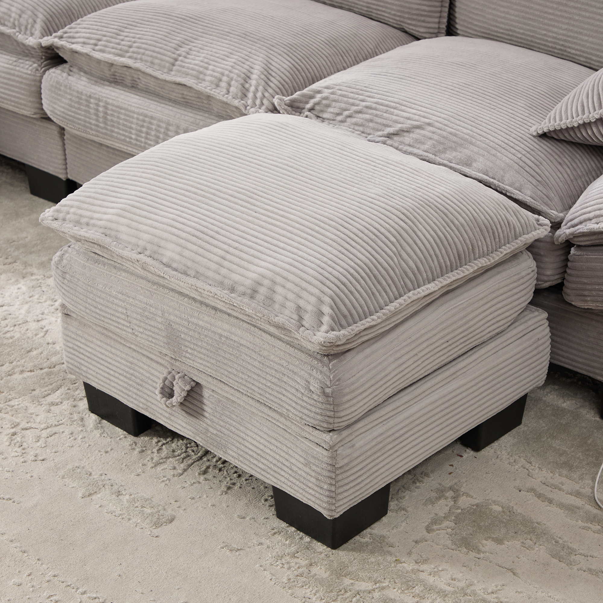 Canapé modulable 2 places 190 x 132 x 84 cm, avec coffre sous l’assise, pouf, ports USB/USB-C et prise électrique, Velours côtelé, gris clair - vue principale 1