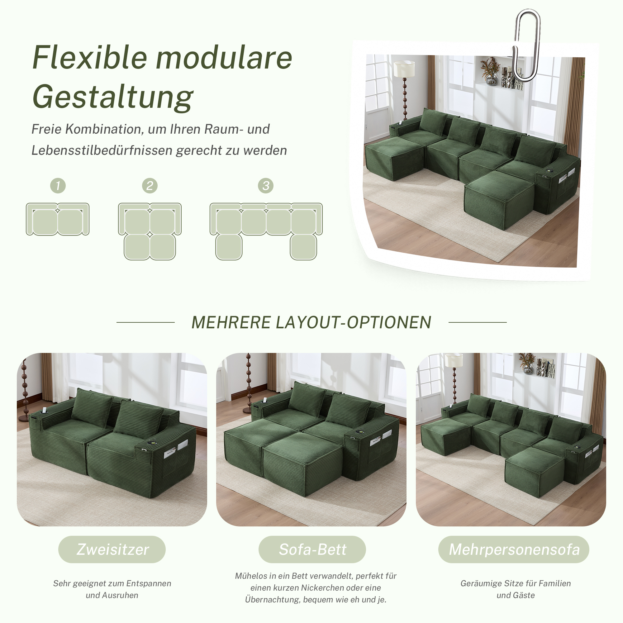 Canapé 4 places 330x162x75 cm avec rangements, poufs, porte-gobelets en velours côtelé vert - présentation 1