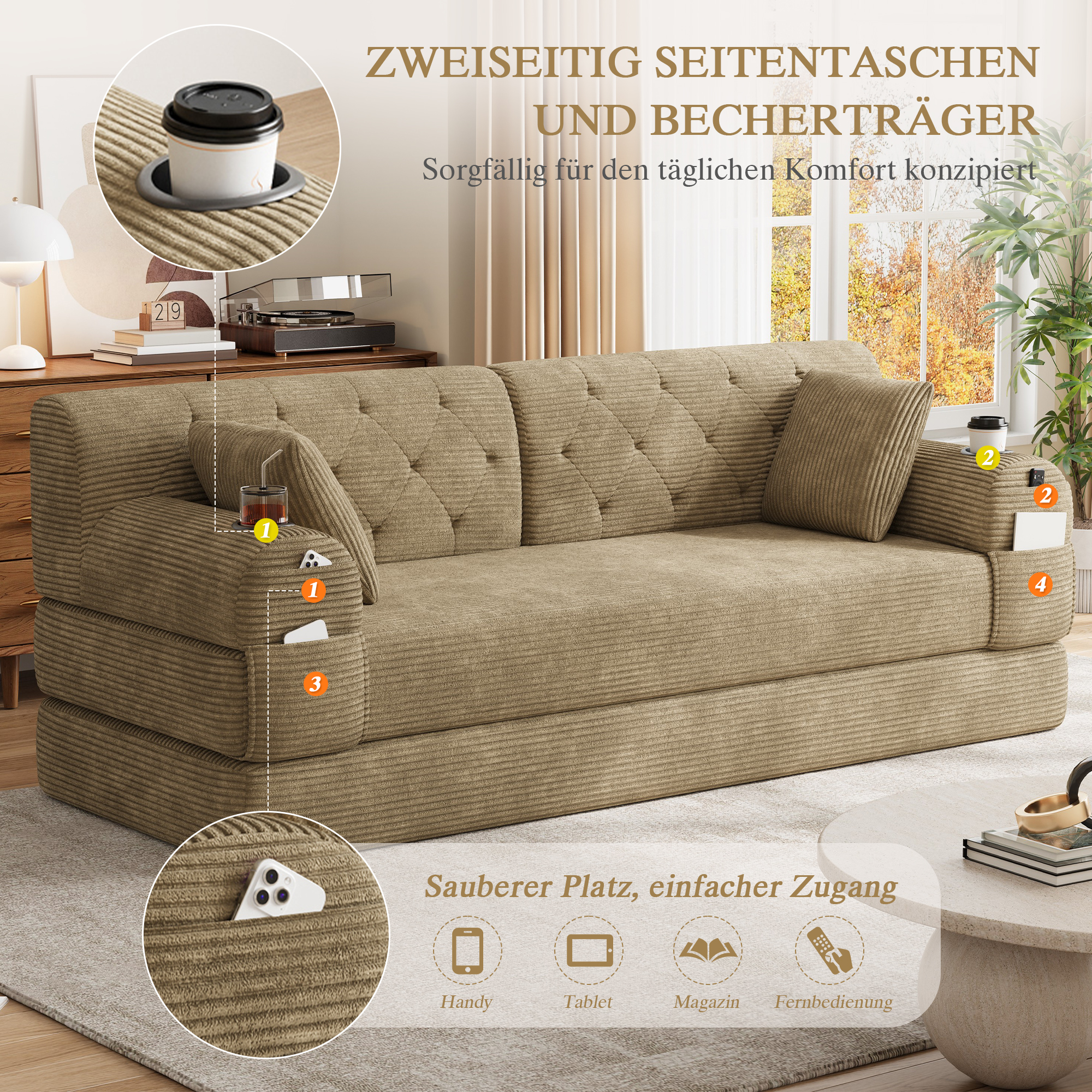 Canapé convertible 3 places 208x80x81 cm avec rangements, porte-gobelets en velours côtelé khaki - vue complémentaire 1