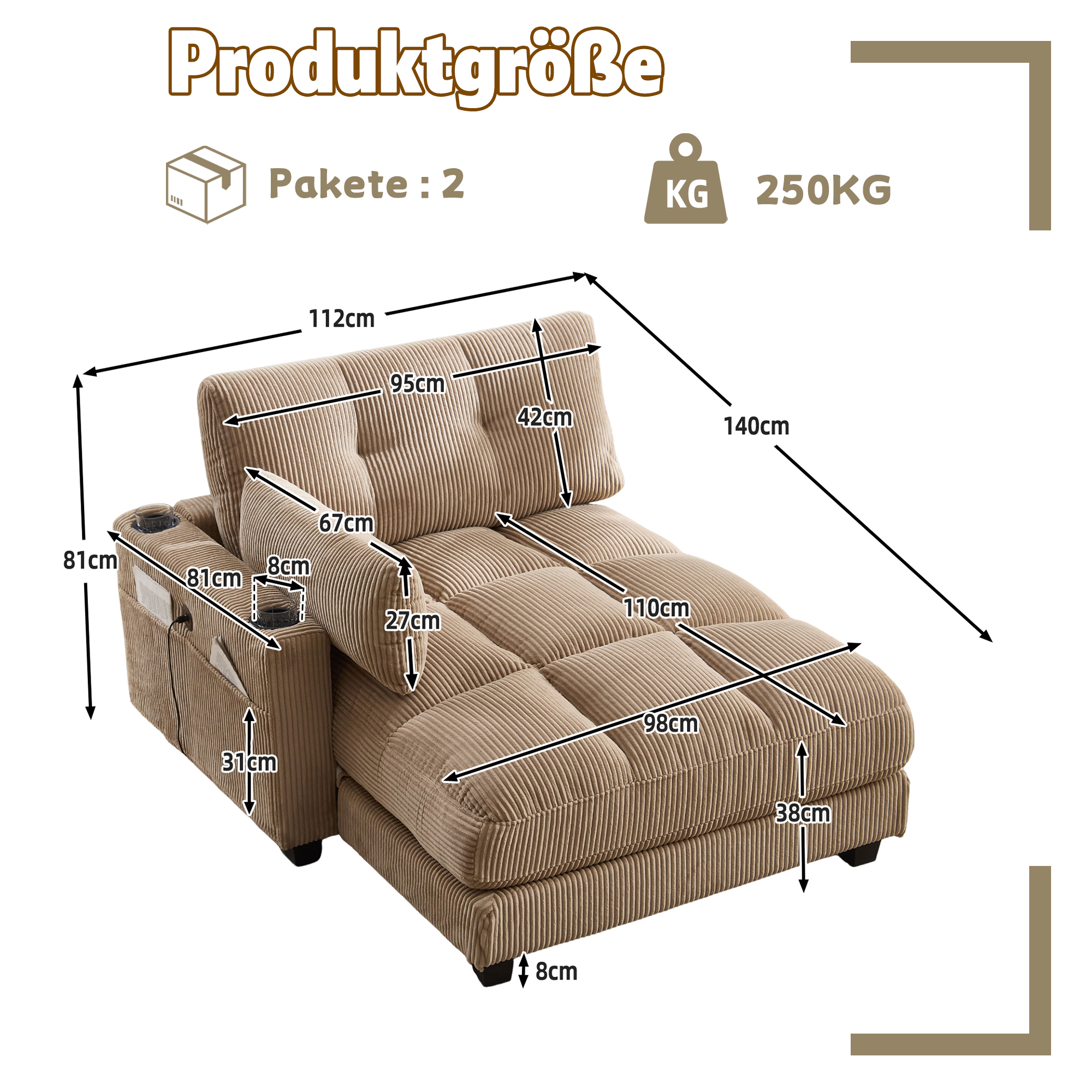 Fauteuil palmier en corduroy kaki avec coussins - vue 2