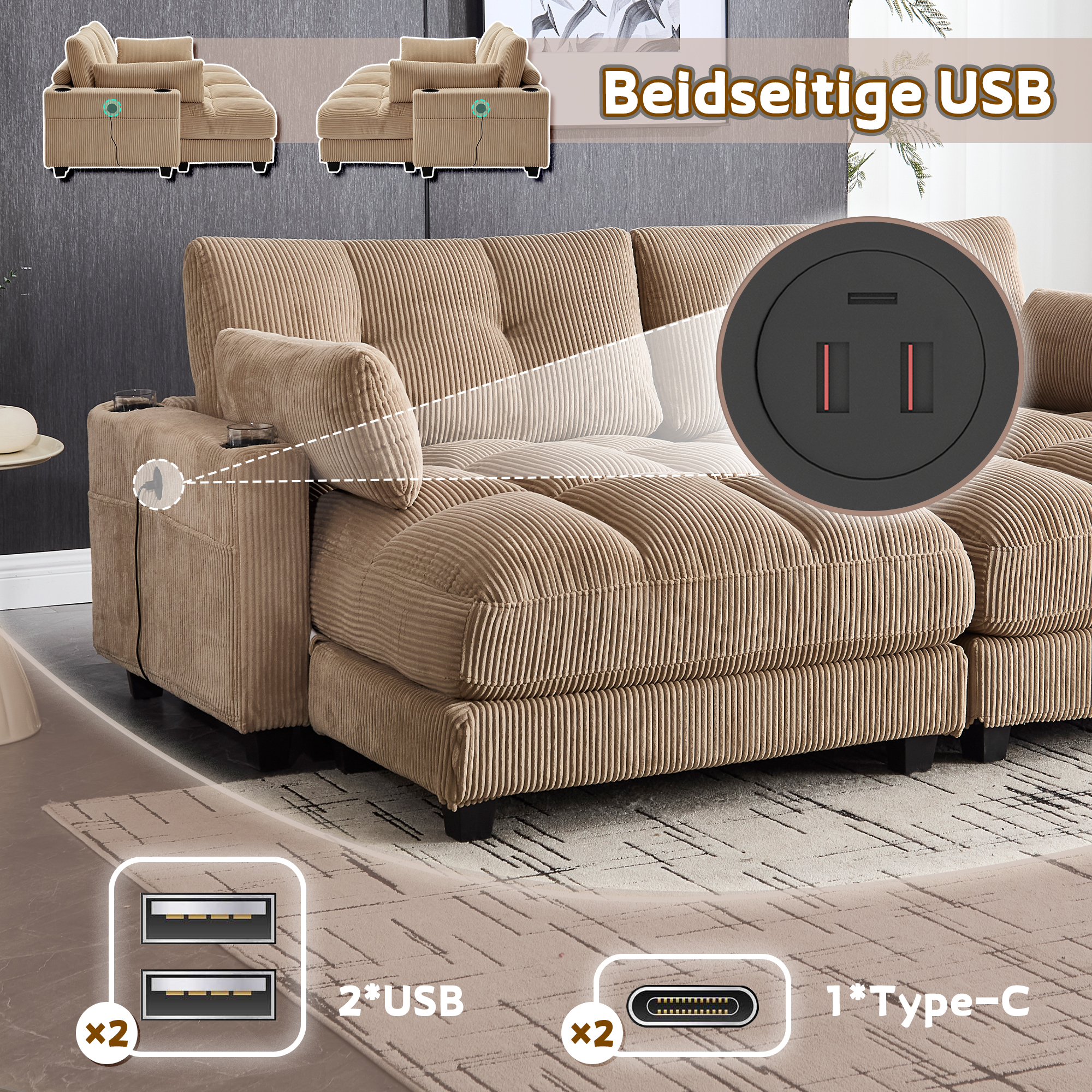 Canapé modulable 2 places 224 x 140 x 81 cm, avec poches latérales, porte-gobelets, port USB et prise électrique, Velours côtelé, taupe - présentation 1