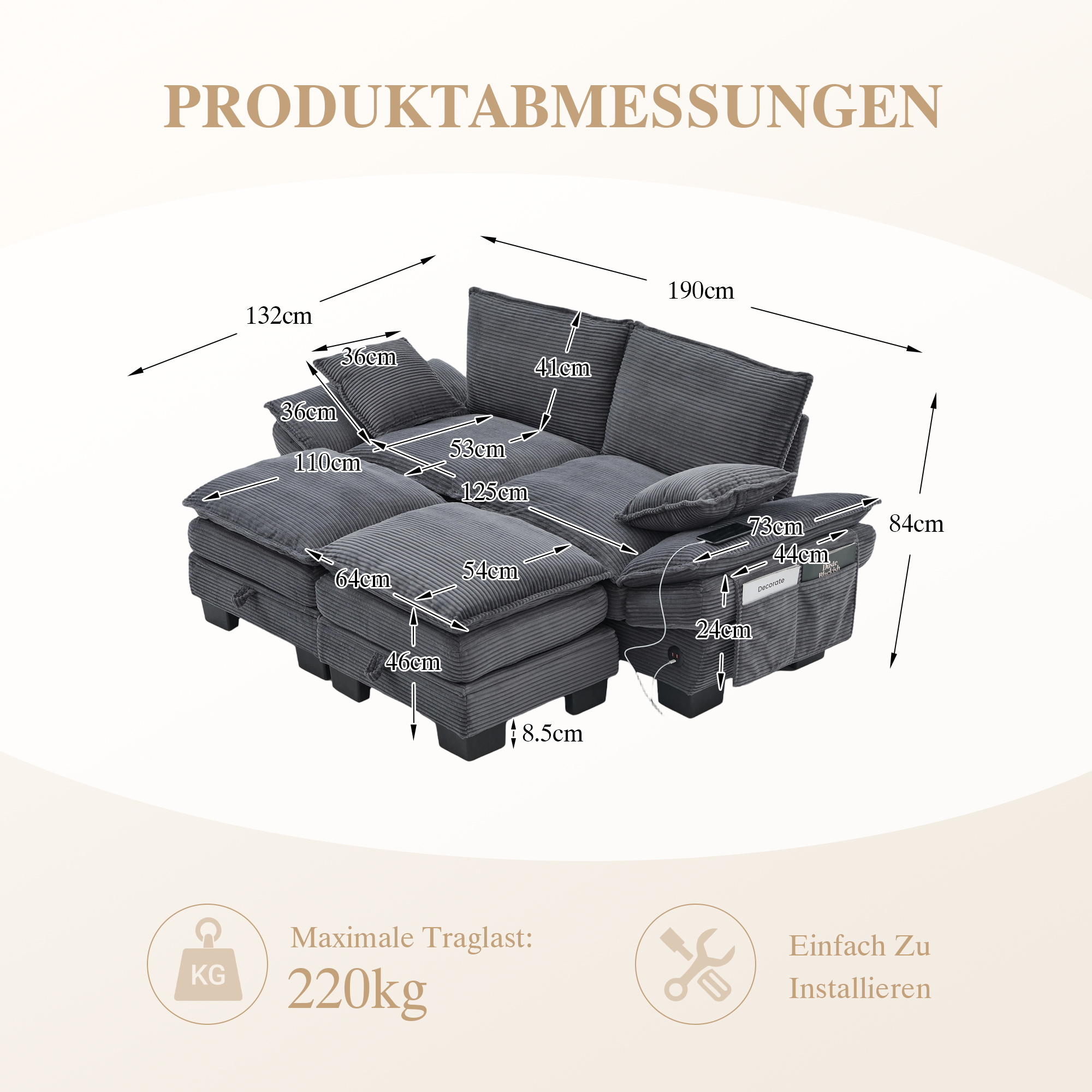 Canapé modulable 2 places 190 x 132 x 84 cm, avec coffre sous l’assise, pouf, ports USB/USB-C et prise électrique, Velours côtelé, gris foncé - spécifications 1