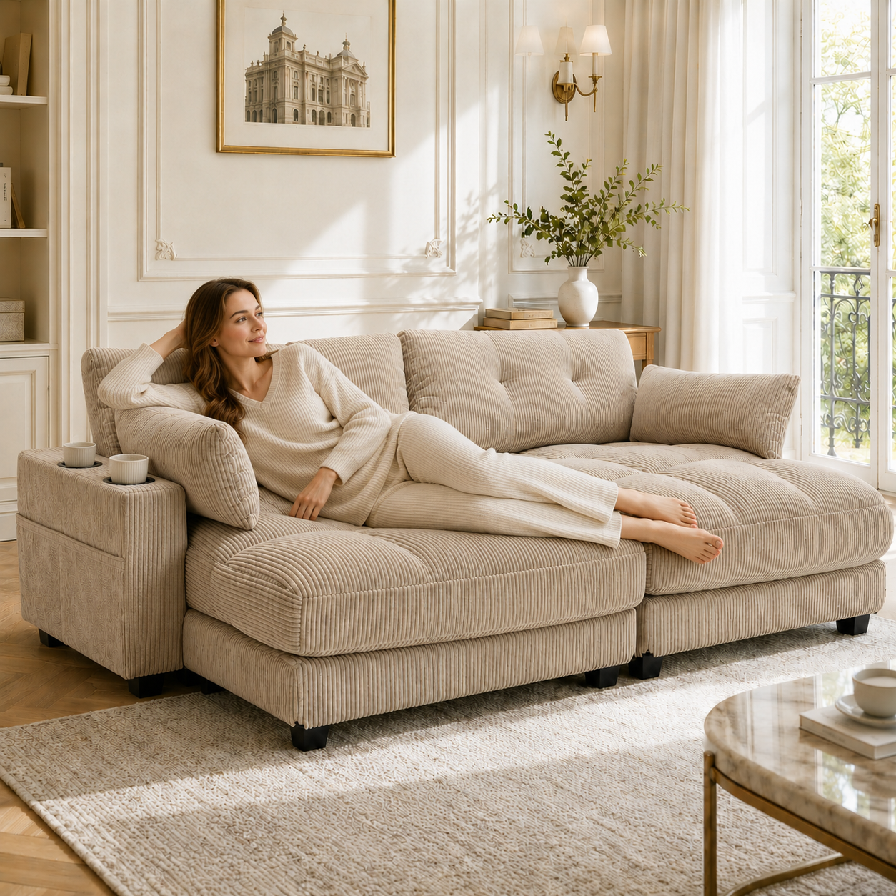 Canapé modulable 2 places 224 x 140 x 81 cm, avec poches latérales, porte-gobelets, port USB et prise électrique, Velours côtelé, taupe - vue principale 1