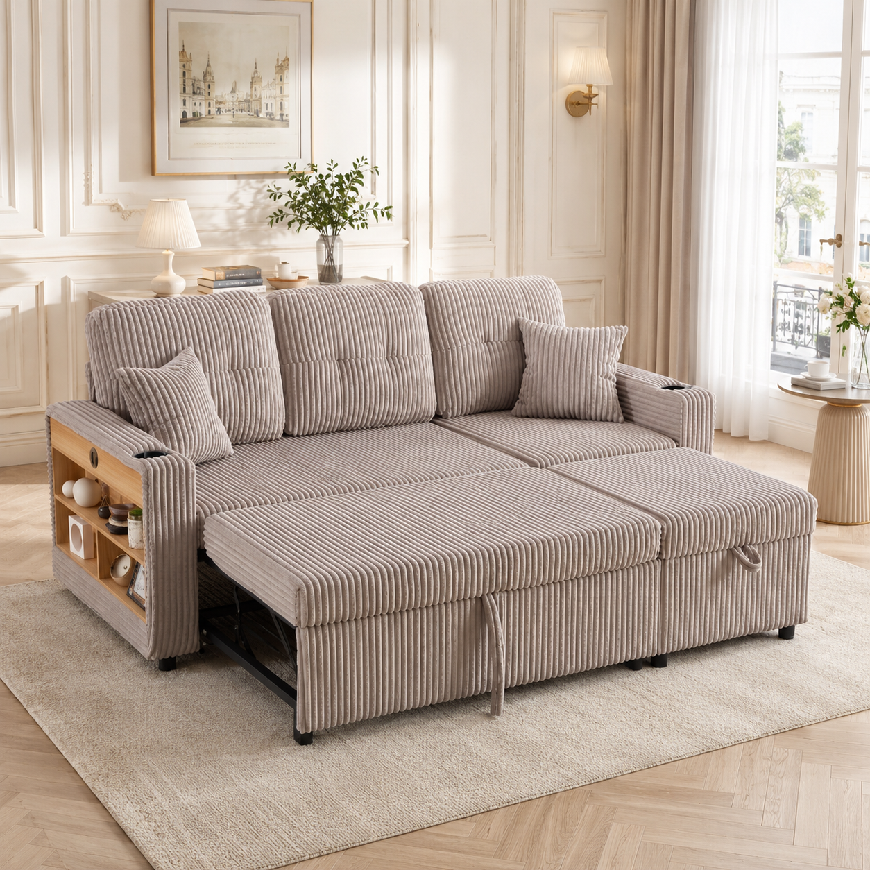 Mehrfunktionales Cord-Sofa mit Stauraum & Ausziehb