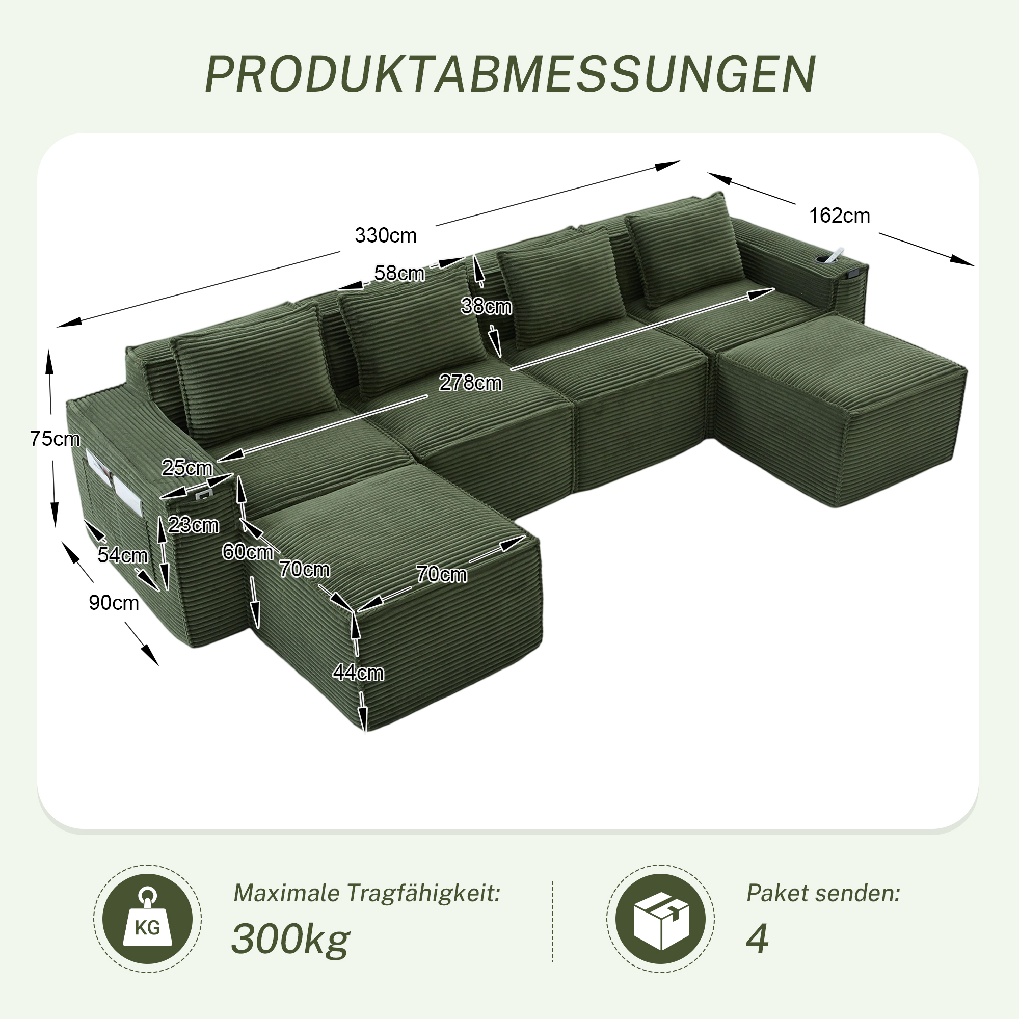 Canapé 4 places 330x162x75 cm avec rangements, poufs, porte-gobelets en velours côtelé vert - points forts 1