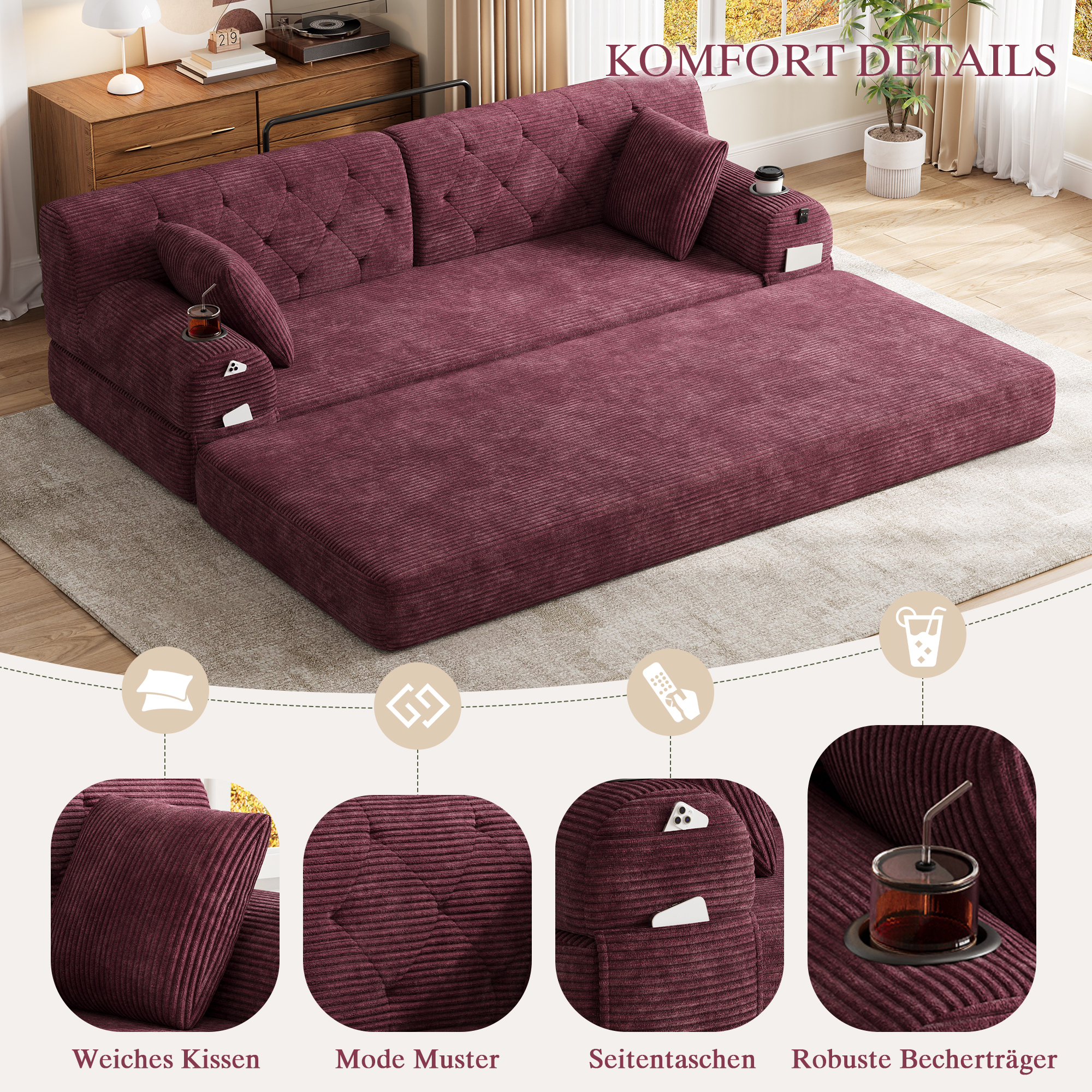 Canapé convertible 3 places 208x80x81 cm avec rangements, porte-gobelets en velours côtelé rouge - vue complémentaire 1