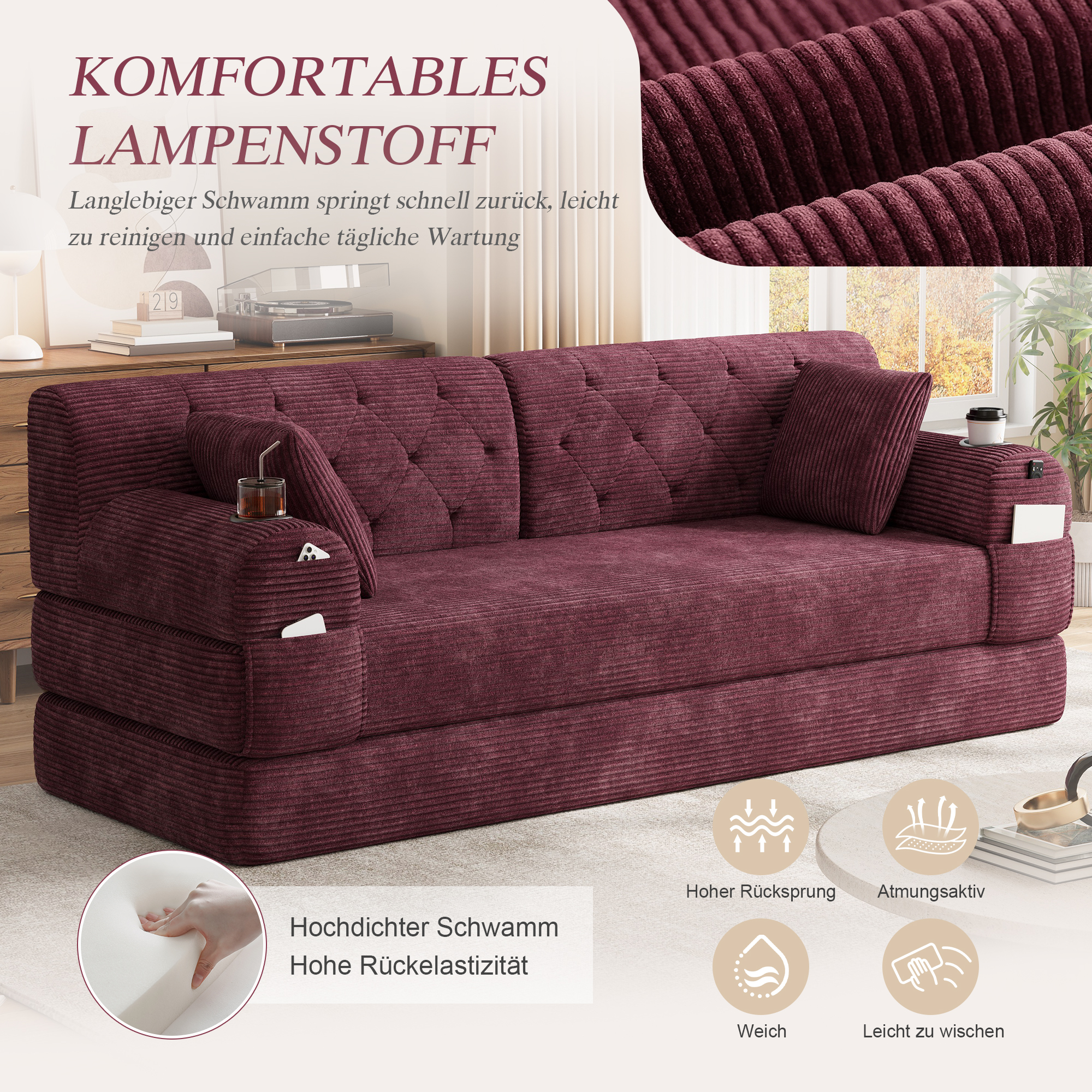 Canapé convertible 3 places 208x80x81 cm avec rangements, porte-gobelets en velours côtelé rouge - présentation 1