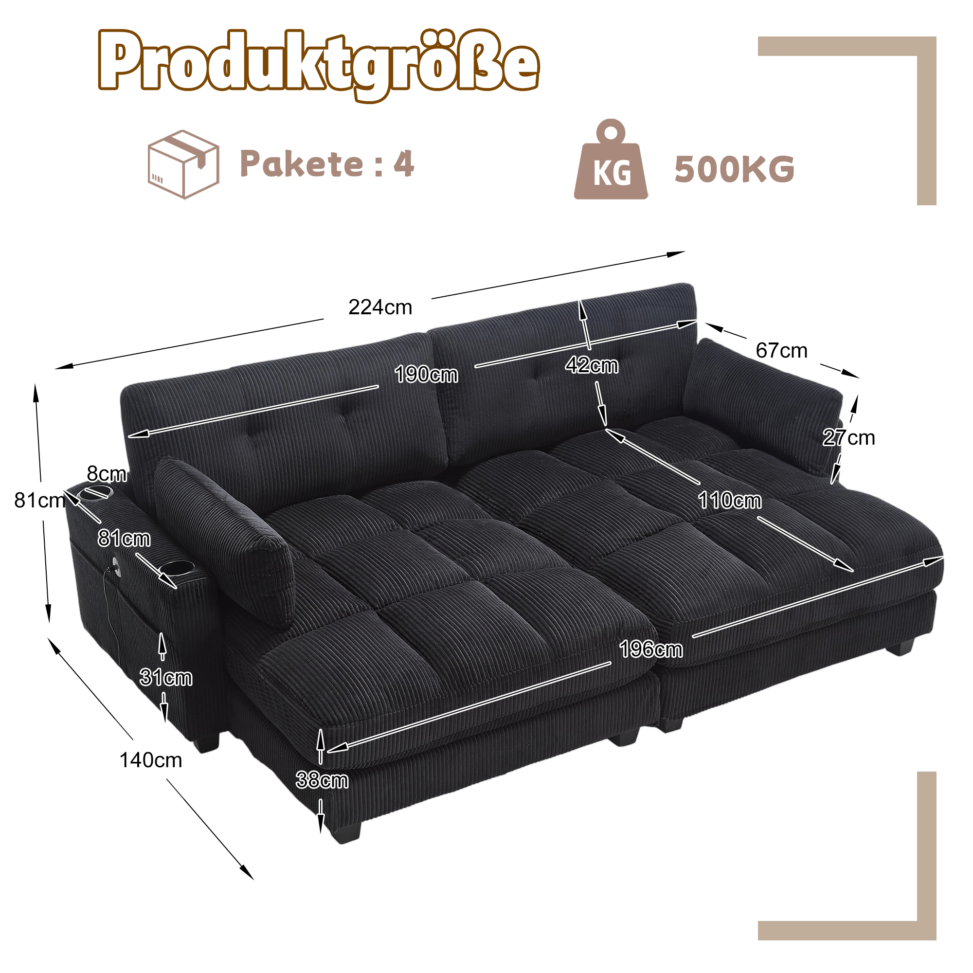 Canapé modulable 2 places 224 x 140 x 81 cm, avec poches latérales, porte-gobelets, port USB et prise électrique, Velours côtelé, noir - spécifications 1