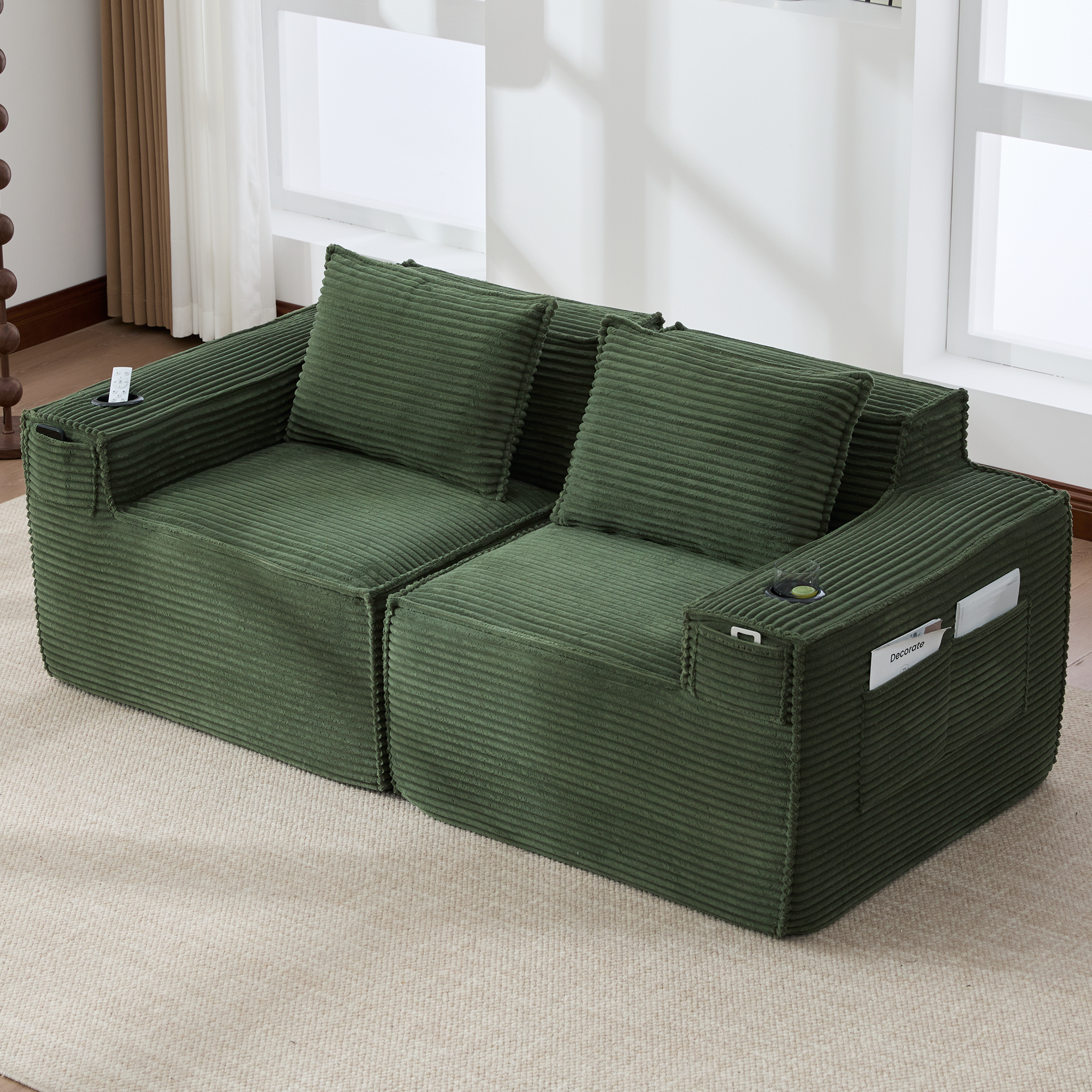 Modulares 2-Sitzer-Cordsofa mit Getränkehaltern un