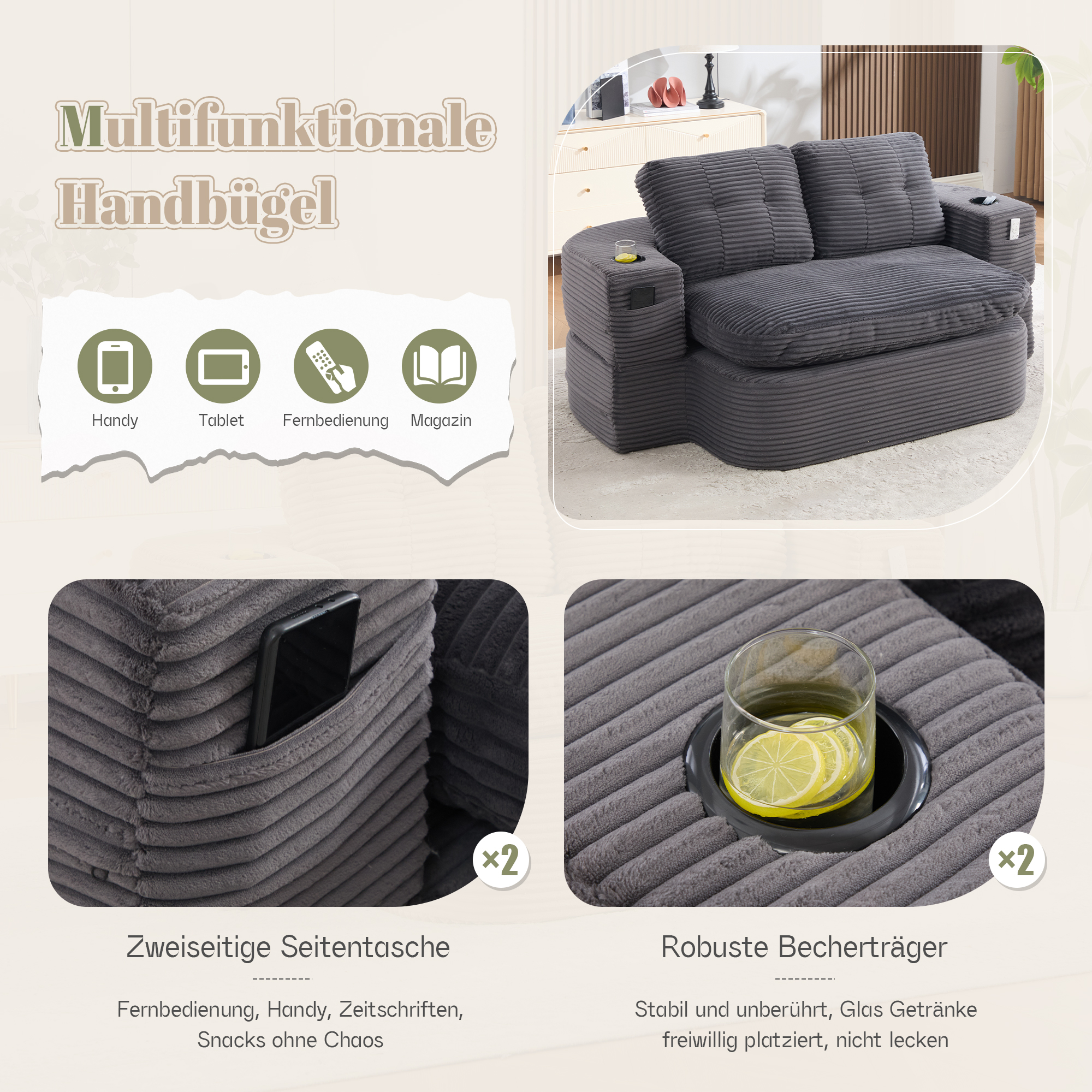 Fauteuil de relaxation 2 place en velours côtelé Gris Foncé 🪑 - spécifications 1