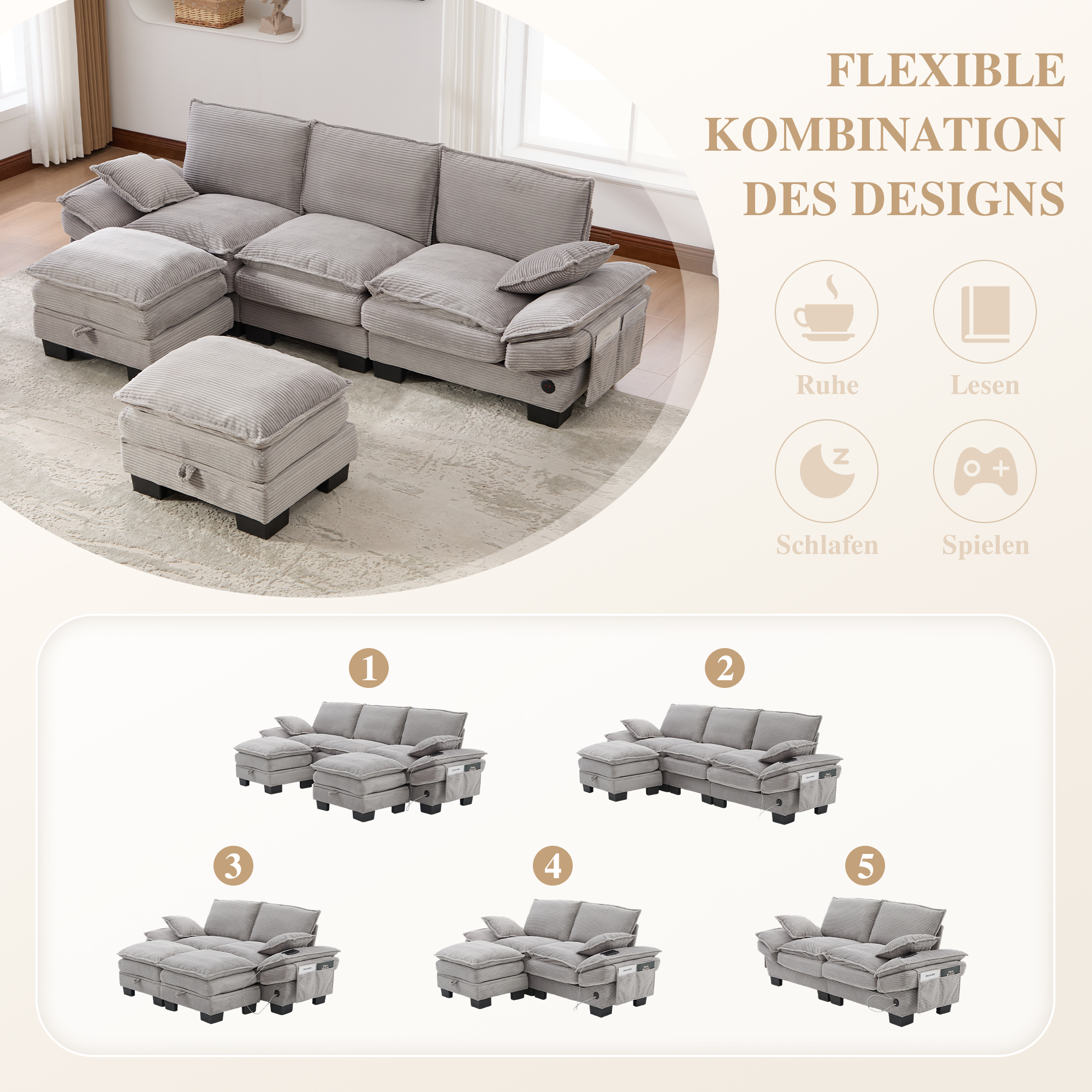 Canapé modulable 3 places 260 x 132 x 84 cm, avec coffre sous l’assise, pouf, ports USB/USB-C et prise électrique, Velours côtelé, gris clair - points forts 1