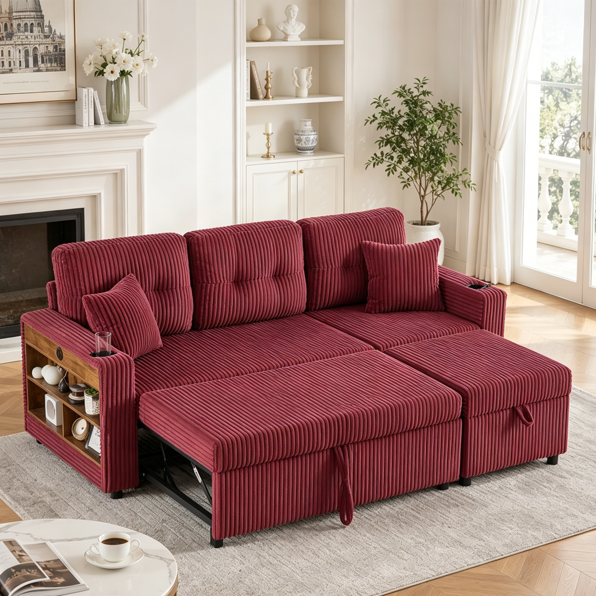 Mehrfunktionales Cord-Sofa mit Stauraum & Ausziehb