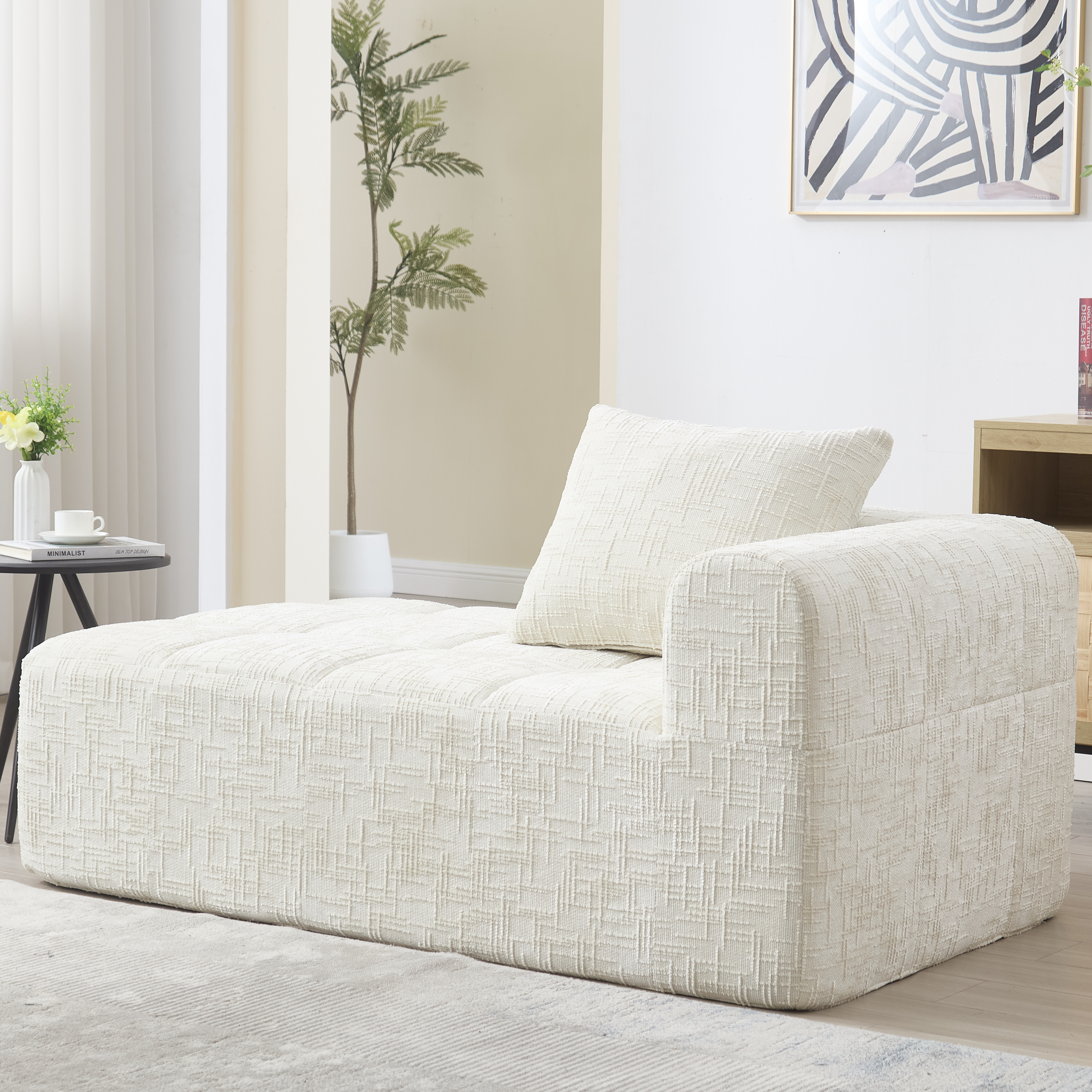 Chaiselongue moelleuse beige en chenille avec coussin - vue 3