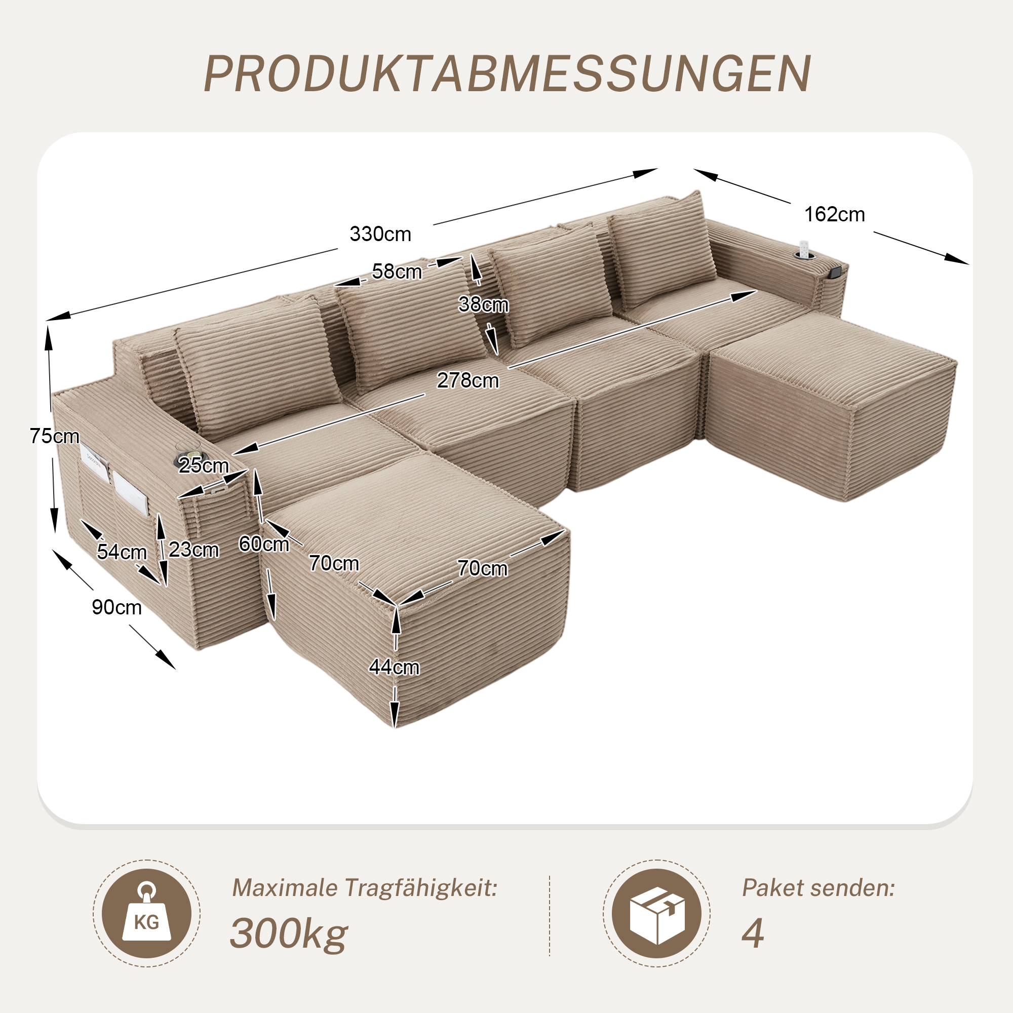 Canapé 4 places 330x162x75 cm avec rangements, poufs, porte-gobelets en velours côtelé khaki - points forts 1