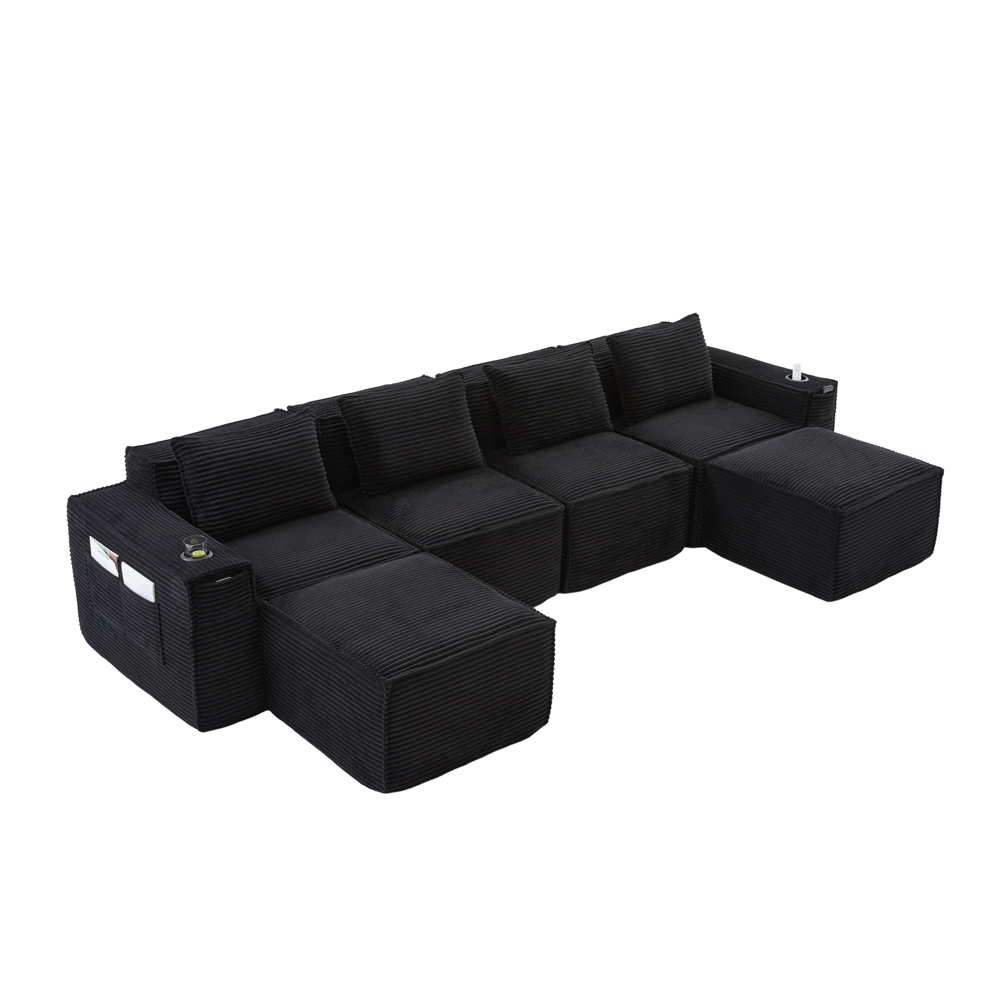 Canapé 4 places 330x162x75 cm avec rangements, poufs, porte-gobelets en velours côtelé noir - spécifications 1