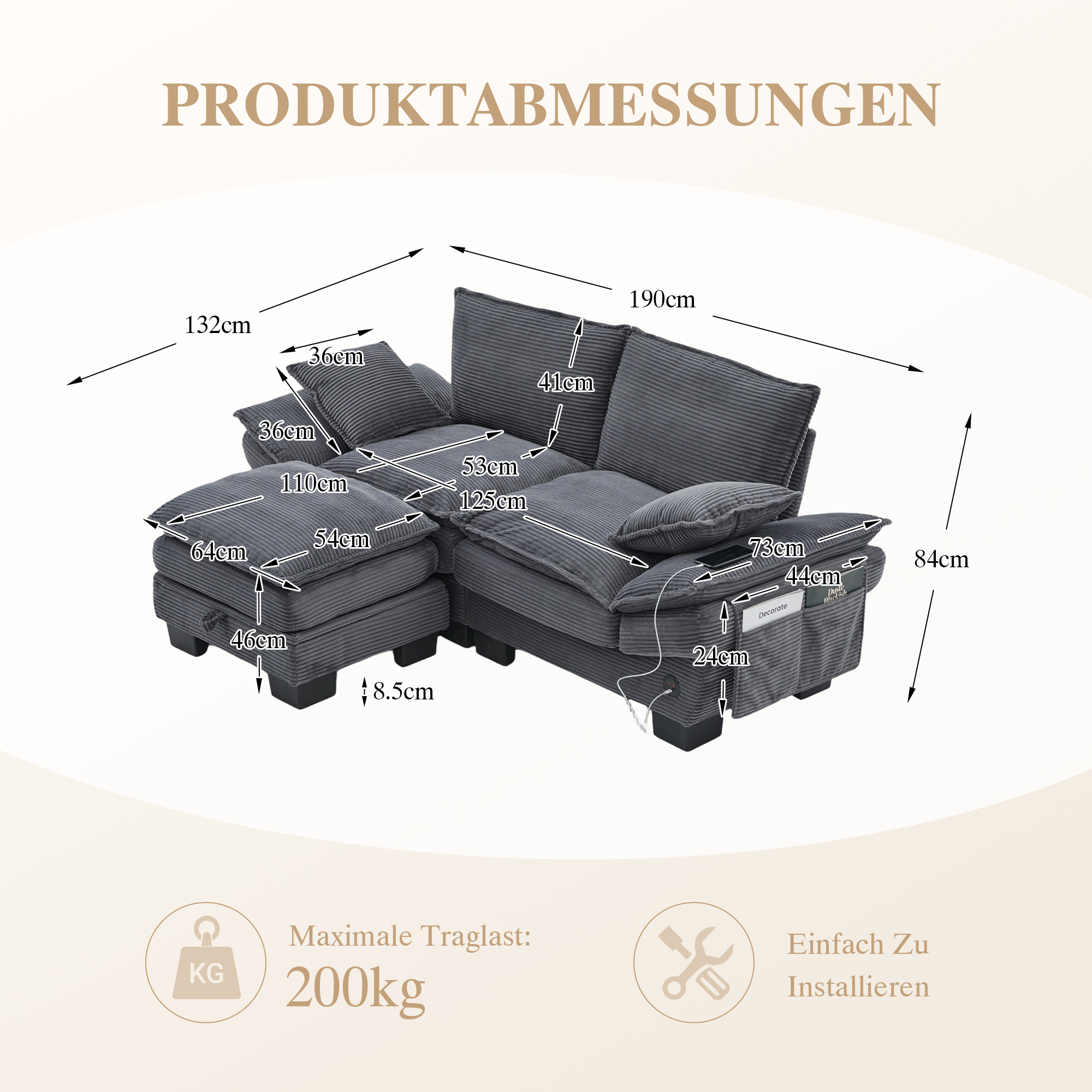Canapé modulable 2 places 190 x 132 x 84 cm, avec coffre sous l’assise, pouf, ports USB/USB-C et prise électrique, Velours côtelé, gris foncé - spécifications 1