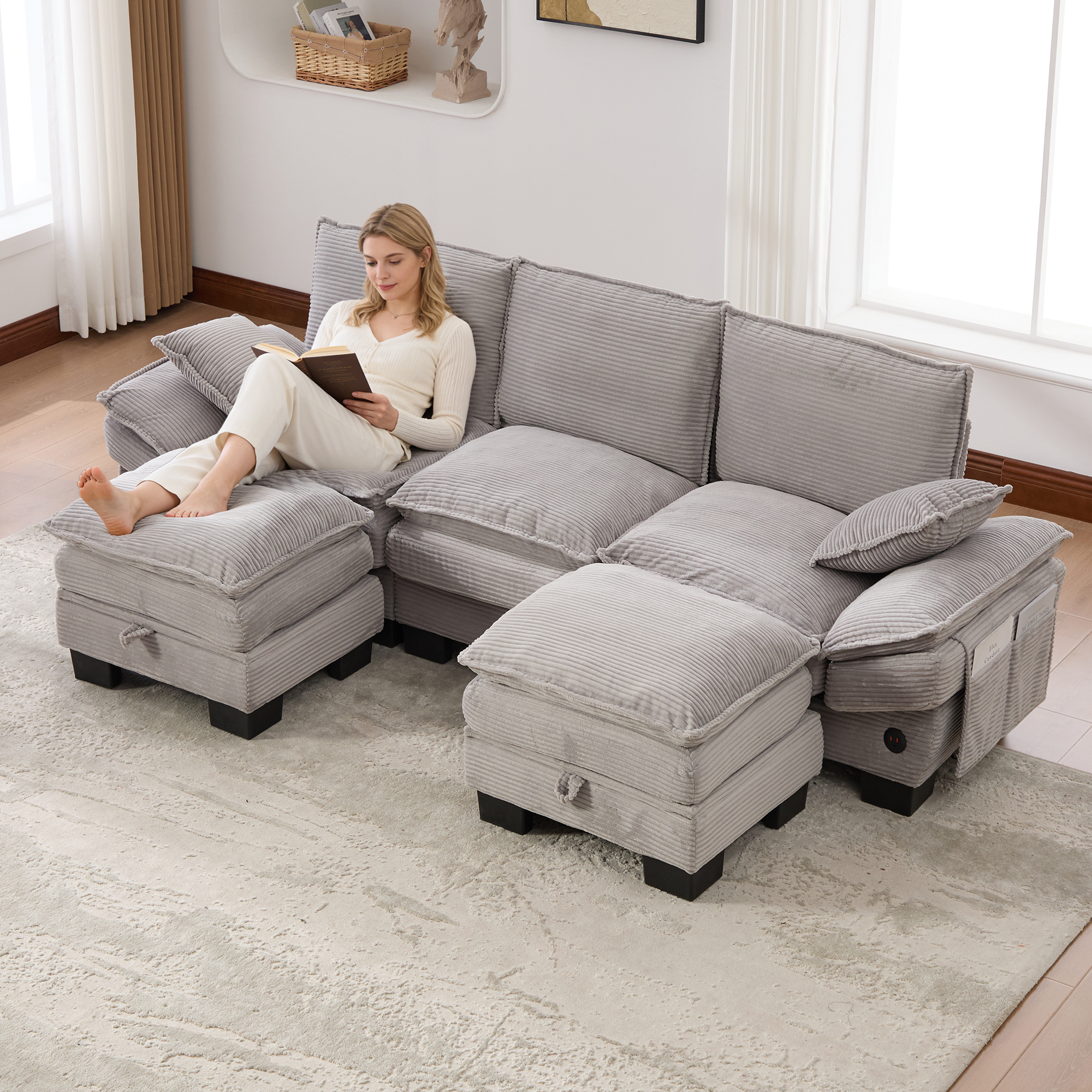 Canapé modulable 3 places 260 x 132 x 84 cm, avec coffre sous l’assise, pouf, ports USB/USB-C et prise électrique, Velours côtelé, gris clair - vue principale 1