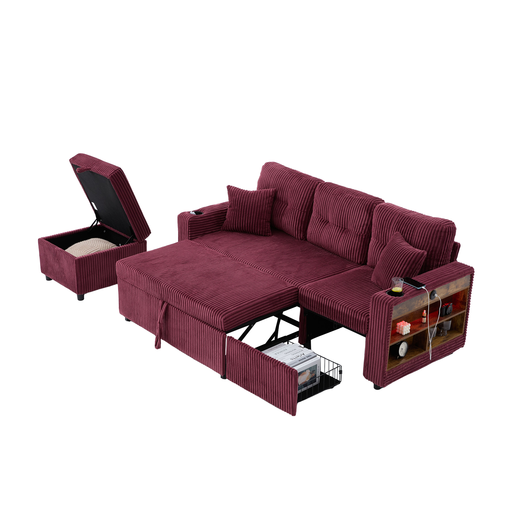 Mehrfunktionales Cord-Sofa mit Stauraum & Ausziehb