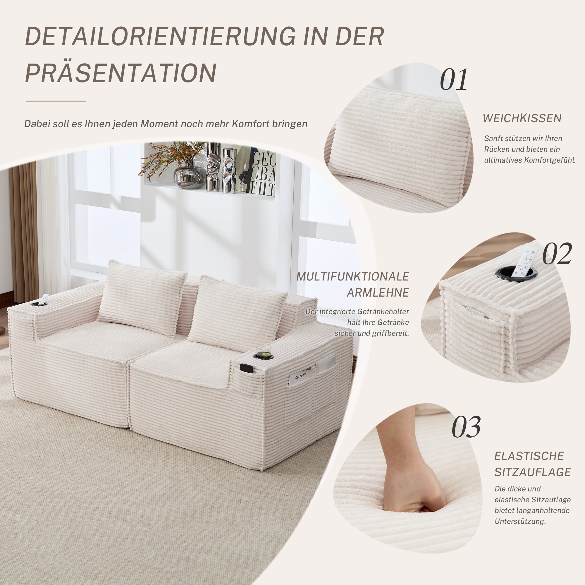 Modulares 2-Sitzer-Cordsofa mit Getränkehaltern un