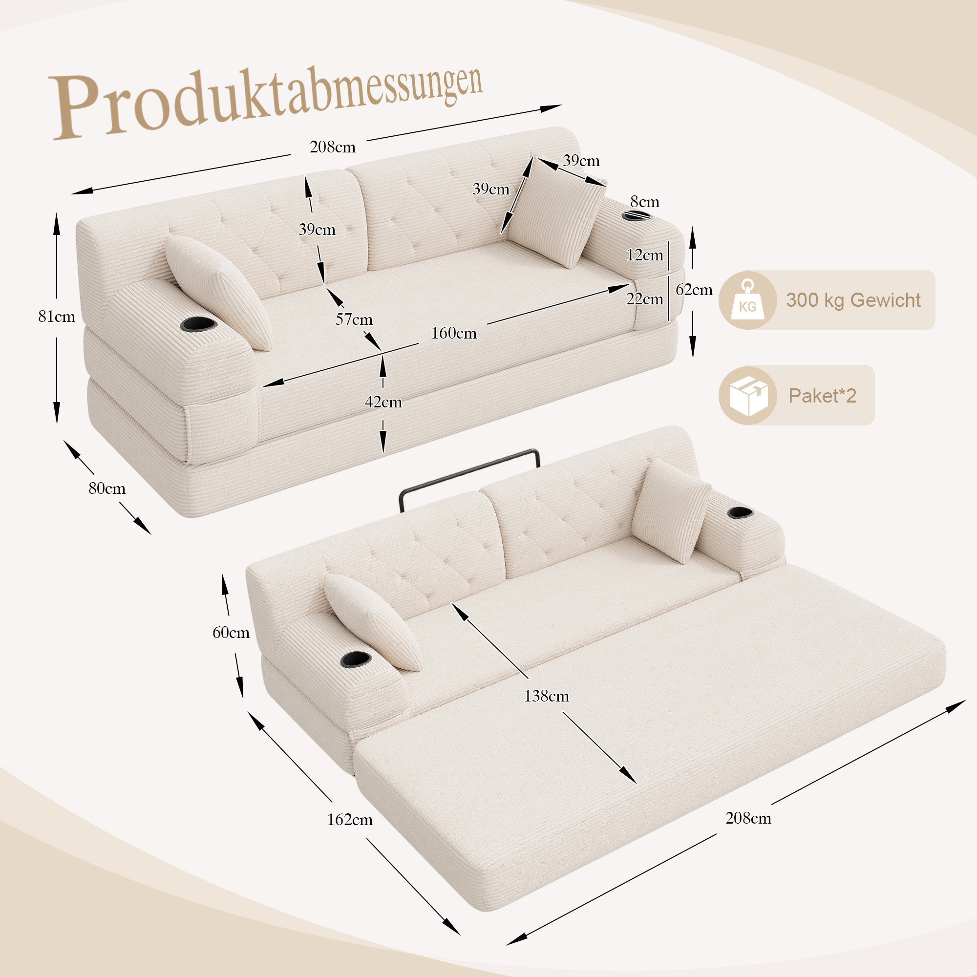 Canapé convertible 3 places 208x80x81 cm avec rangements, porte-gobelets en velours côtelé beige - points forts 1