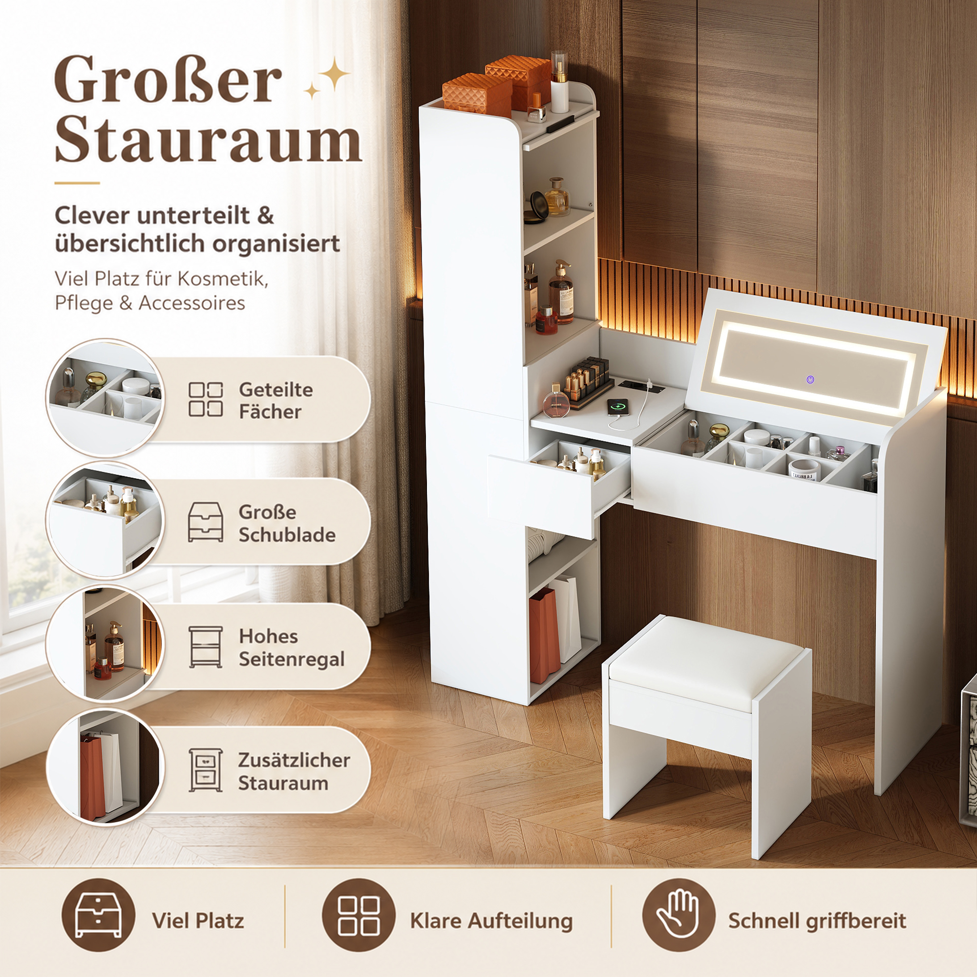 Compartiments de rangement sous le miroir rabattable