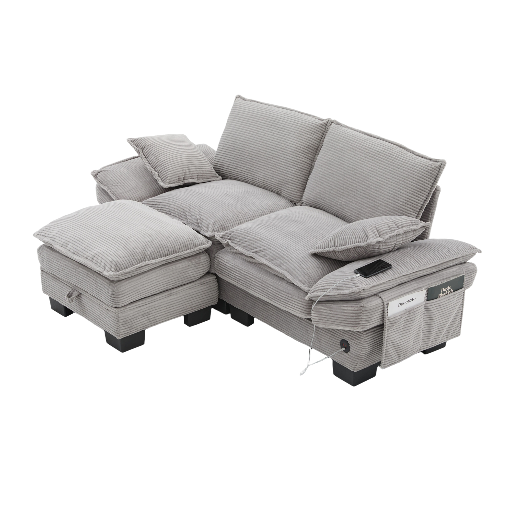 Canapé modulable 2 places 190 x 132 x 84 cm, avec coffre sous l’assise, pouf, ports USB/USB-C et prise électrique, Velours côtelé, gris clair - vue complémentaire 1