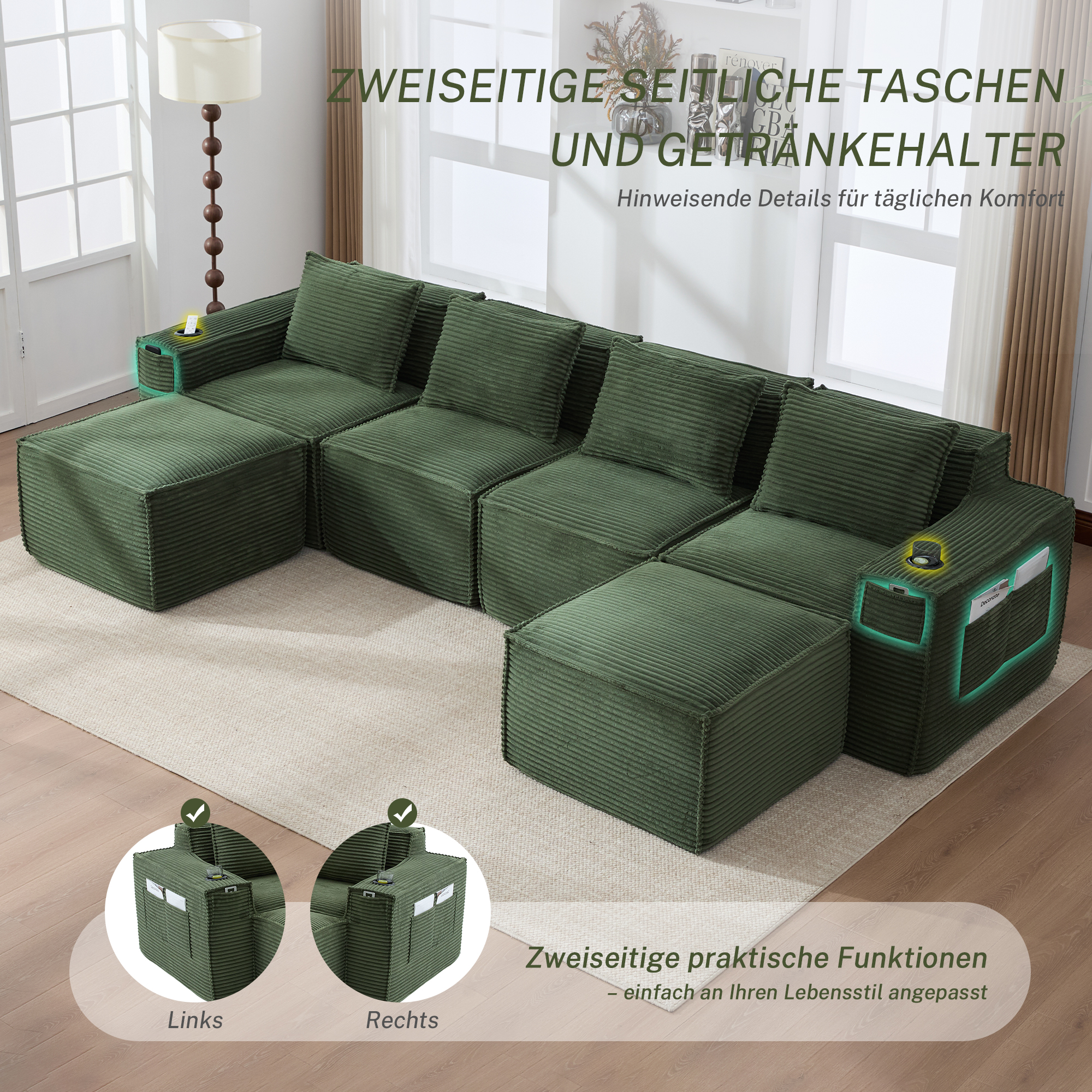 Canapé 4 places 330x162x75 cm avec rangements, poufs, porte-gobelets en velours côtelé vert - vue complémentaire 1