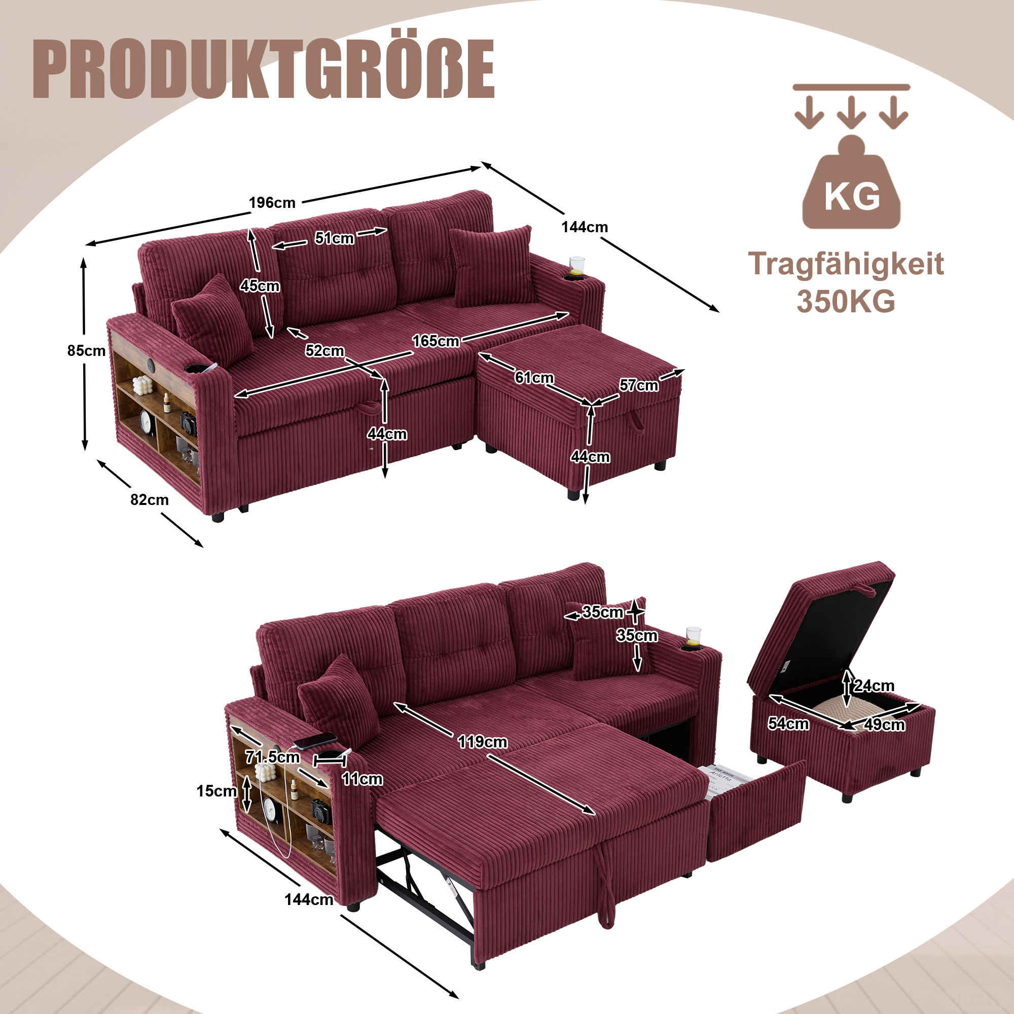 Mehrfunktionales Cord-Sofa mit Stauraum & Ausziehb