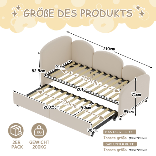 Dimensions du lit enfant beige 90x200 cm avec tiroir