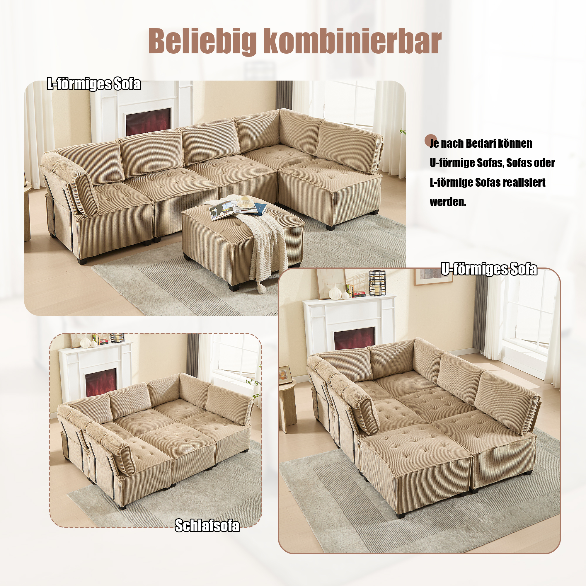Modulares 6-Sitzer-Sofa, Cordstoff, ergonomisch, S