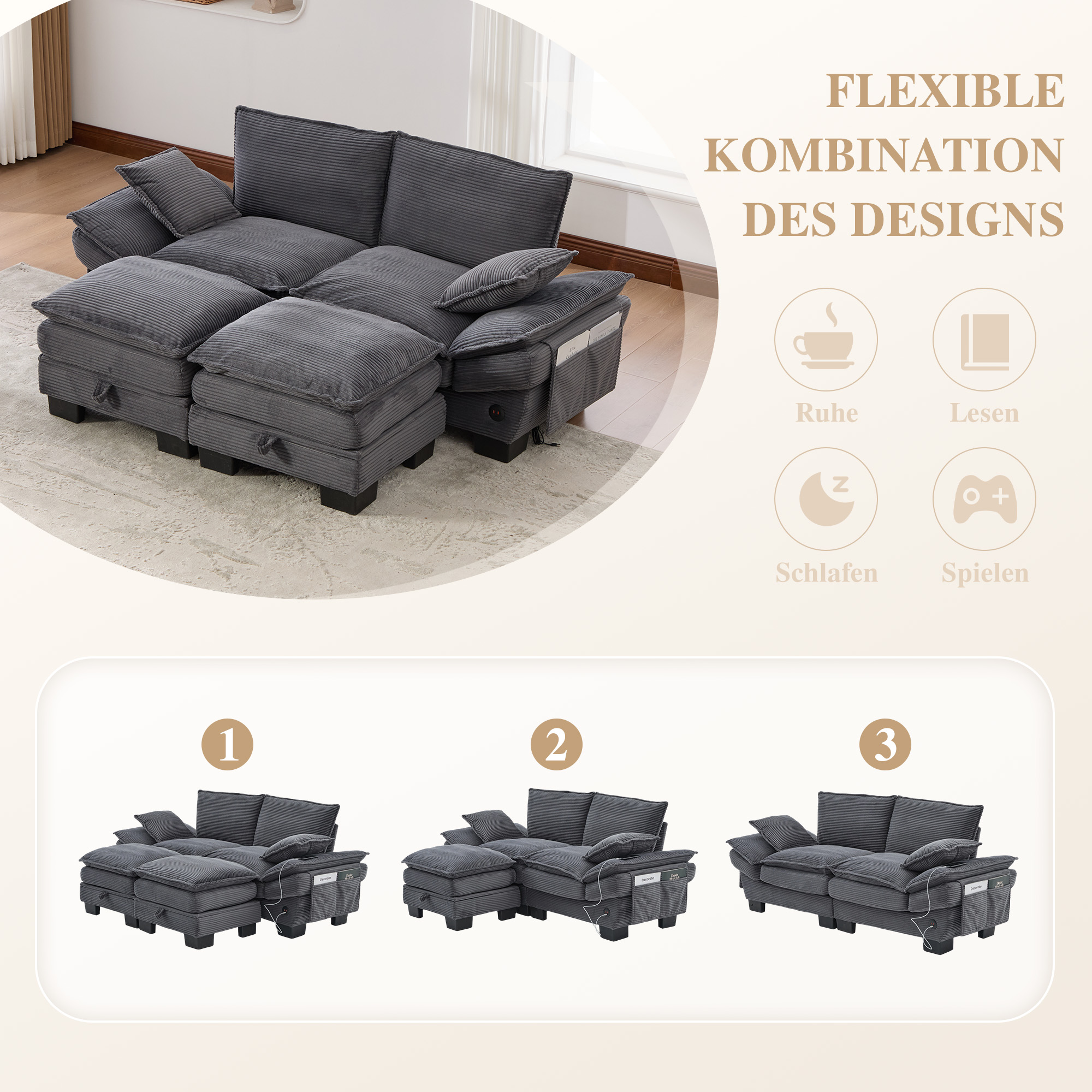 Canapé modulable 2 places 190 x 132 x 84 cm, avec coffre sous l’assise, pouf, ports USB/USB-C et prise électrique, Velours côtelé, gris foncé - points forts 1