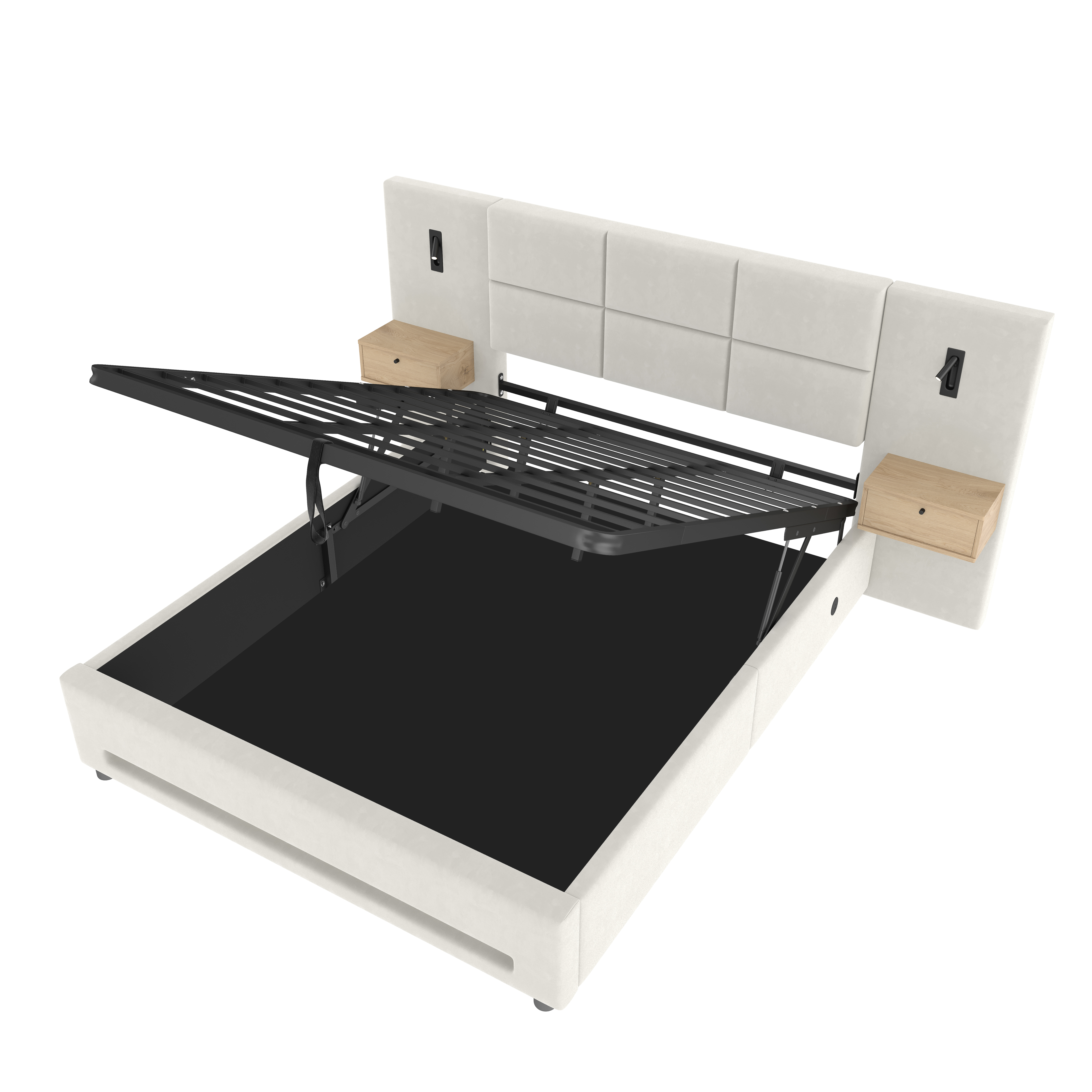 Lit coffre rembourré 160 x 200 cm avec échelle, LED, ports de charge, rangement hydraulique, velours, Beige - dimensions et détails