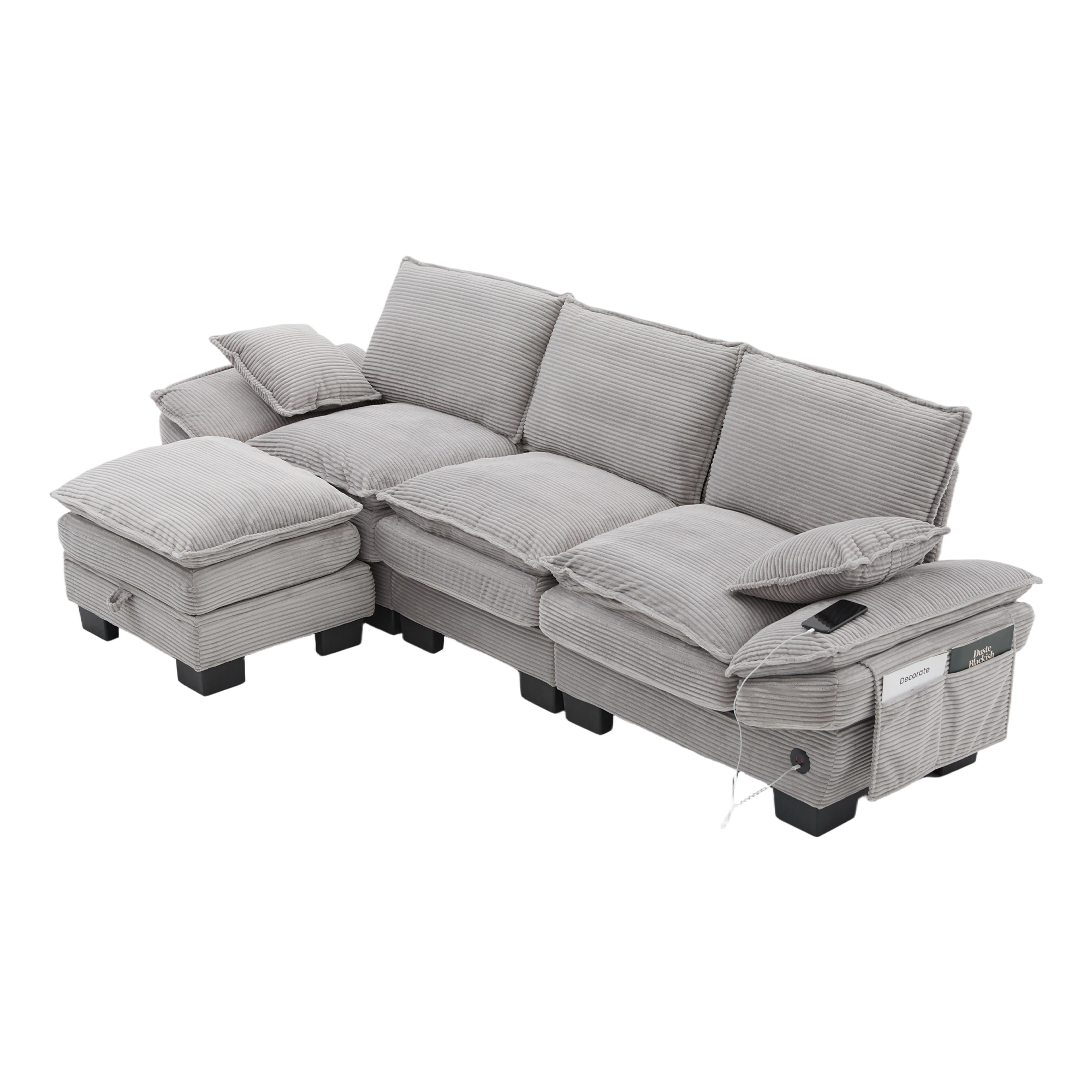 Canapé modulable 3 places 260 x 132 x 84 cm, avec coffre sous l’assise, pouf, ports USB/USB-C et prise électrique, Velours côtelé, gris clair - vue complémentaire 1