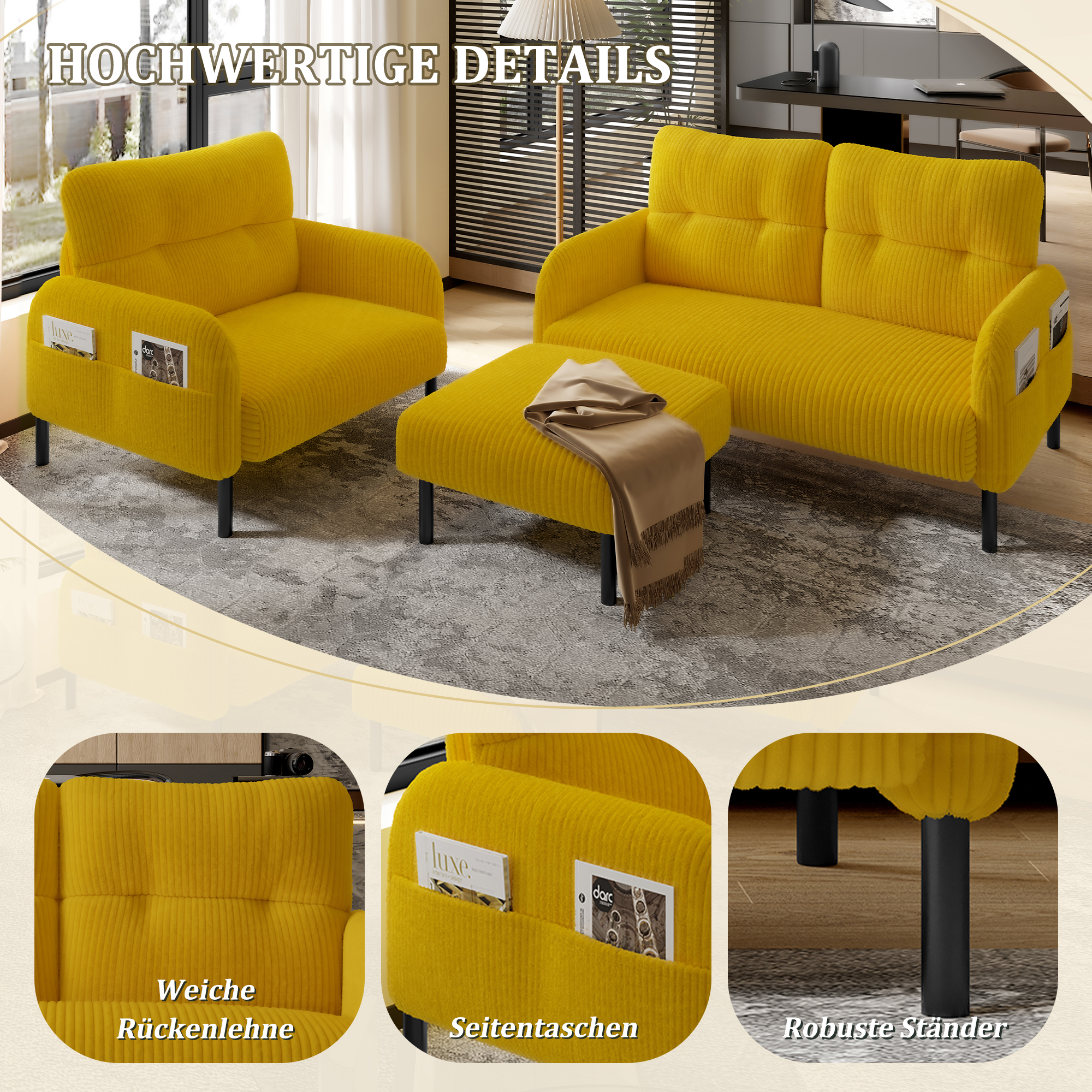 Cord 3er-Set Sessel + Hocker + 2-Sitzer Sofa mit S