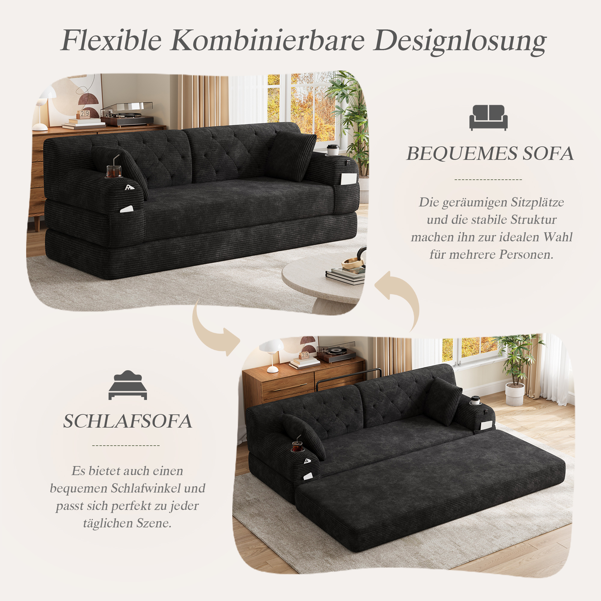 Canapé convertible 3 places 208x80x81 cm avec rangements, porte-gobelets en velours côtelé noir - vue complémentaire 1