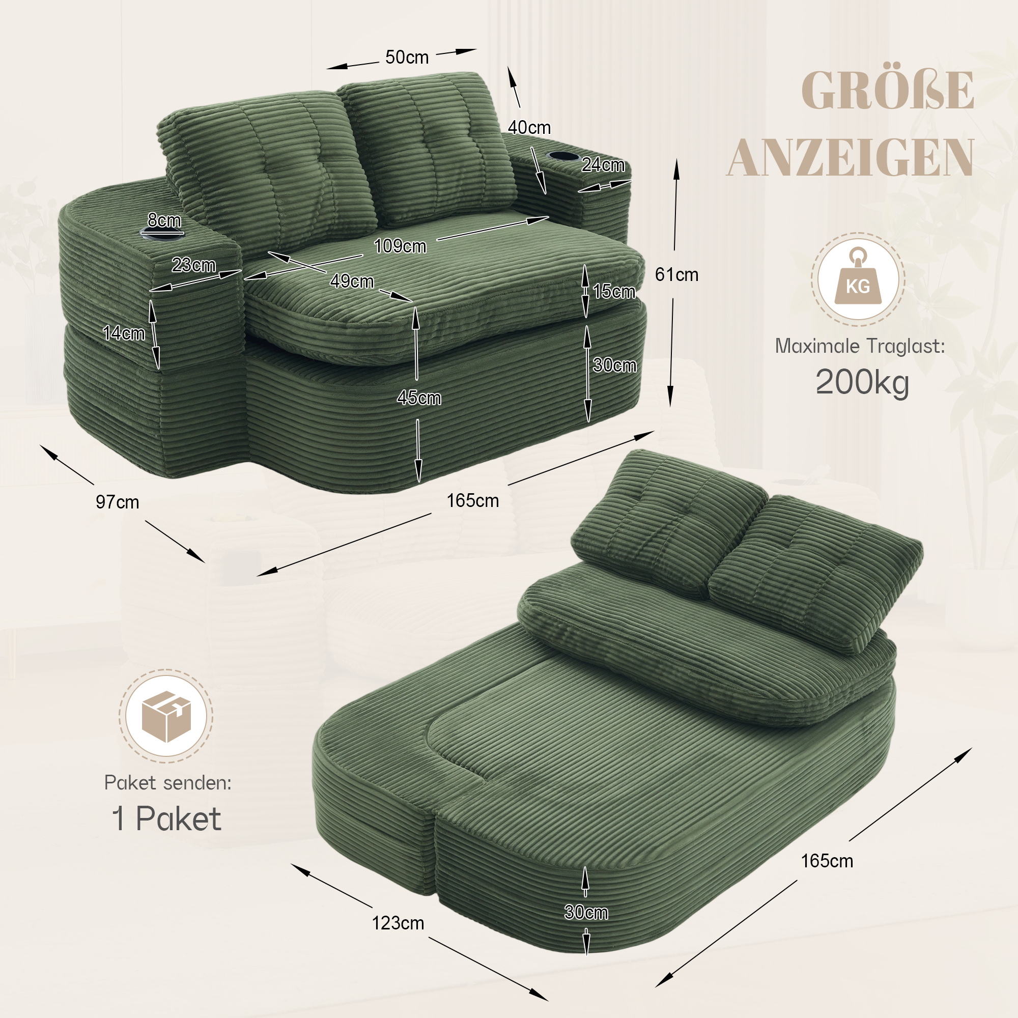 Fauteuil de relaxation 2 place en velours côtelé Émeraude 🪑 - vue complémentaire 1