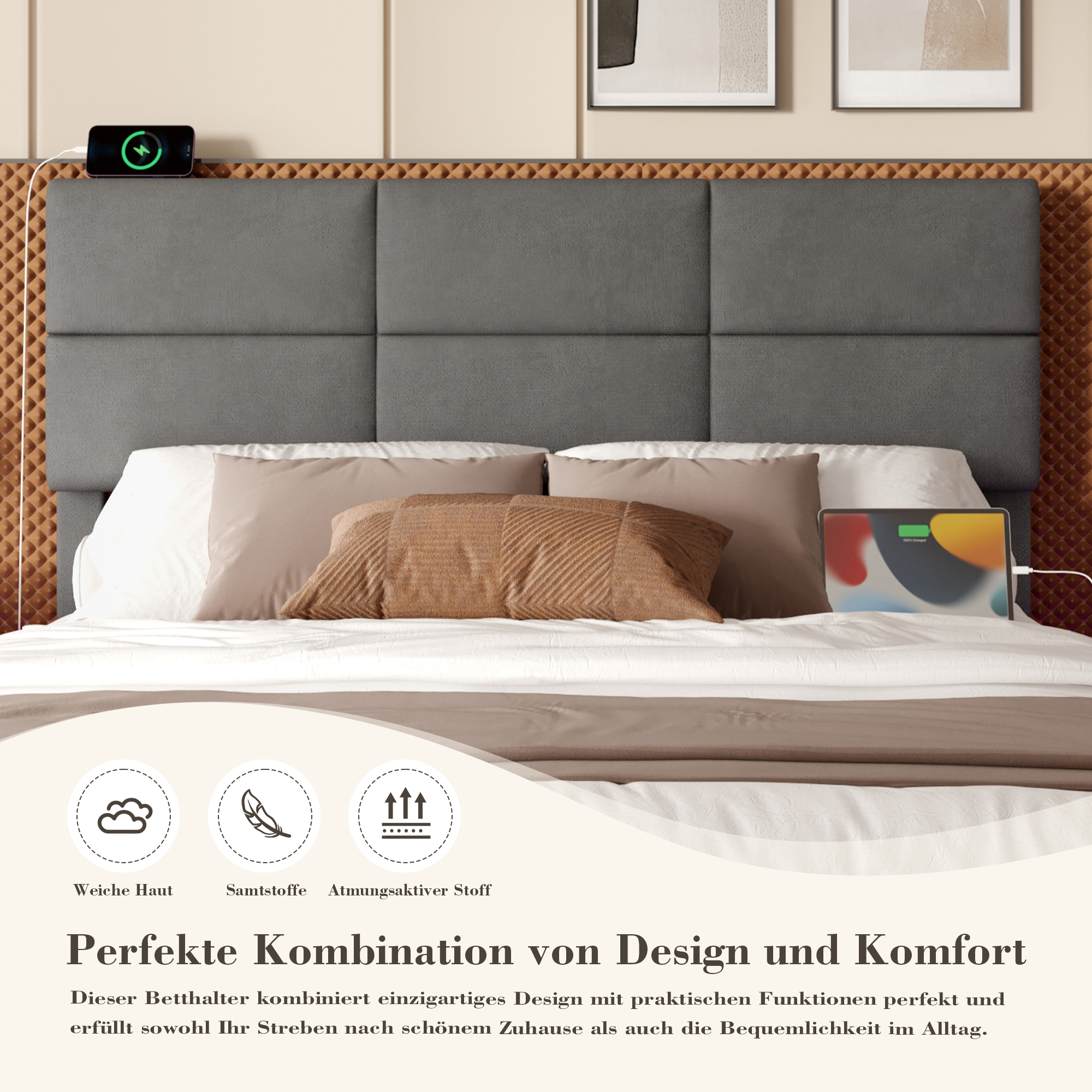 140x200 cm Modernes Velours-Polsterbett mit höhenv