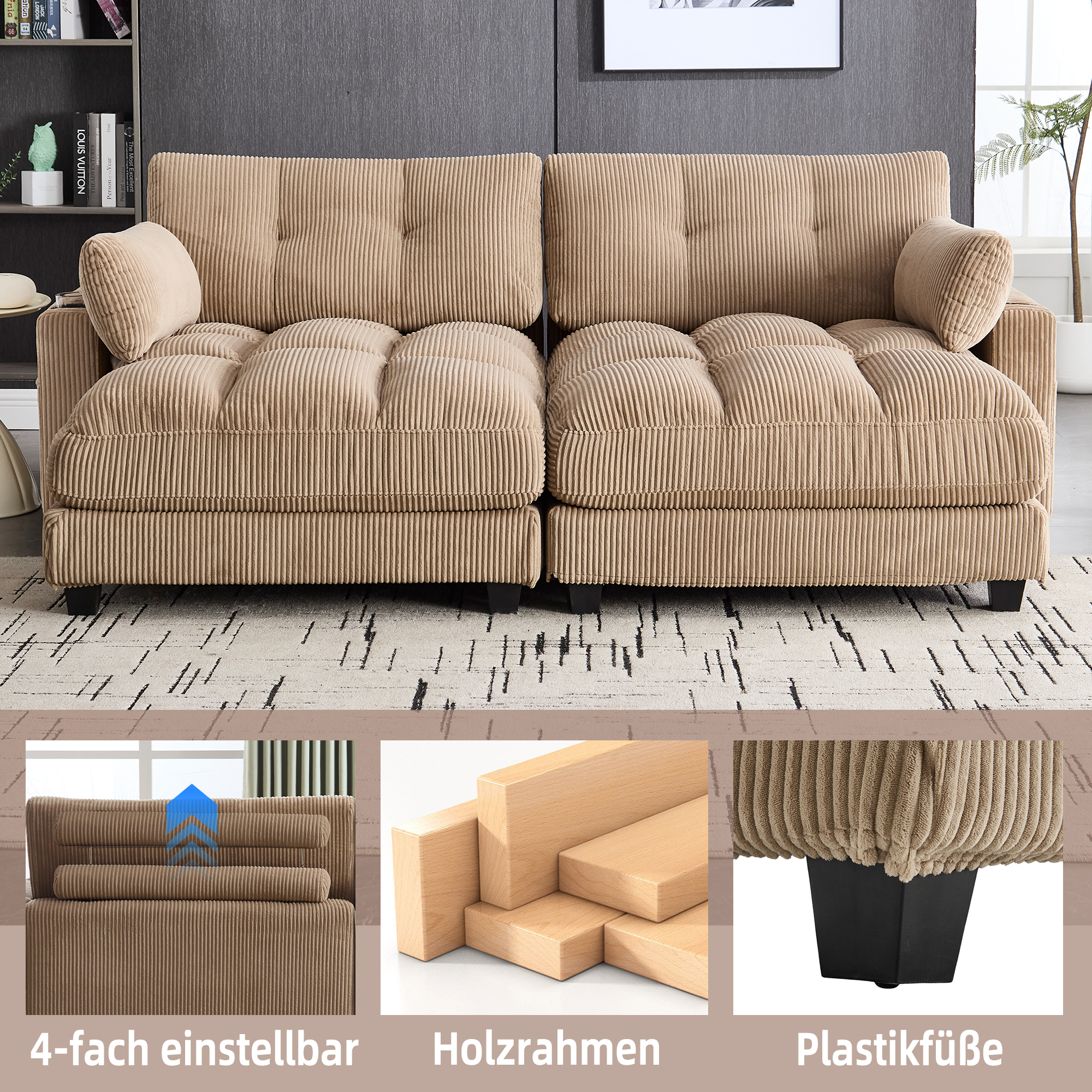 Canapé modulable 2 places 224 x 140 x 81 cm, avec poches latérales, porte-gobelets, port USB et prise électrique, Velours côtelé, taupe - points forts 1