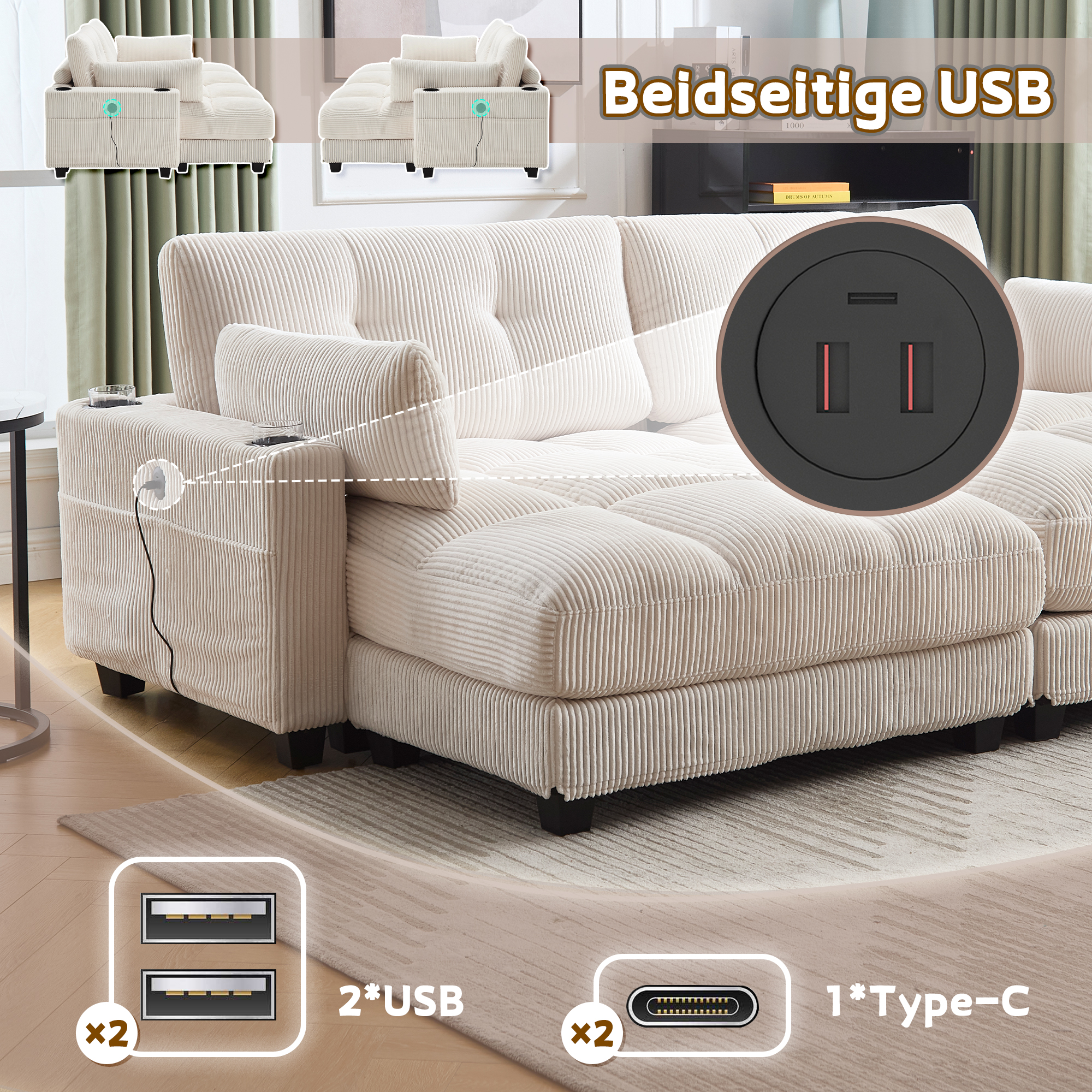 Beiges Cordsofa 2-Sitzer, teilbar in 2 Einzelsitze