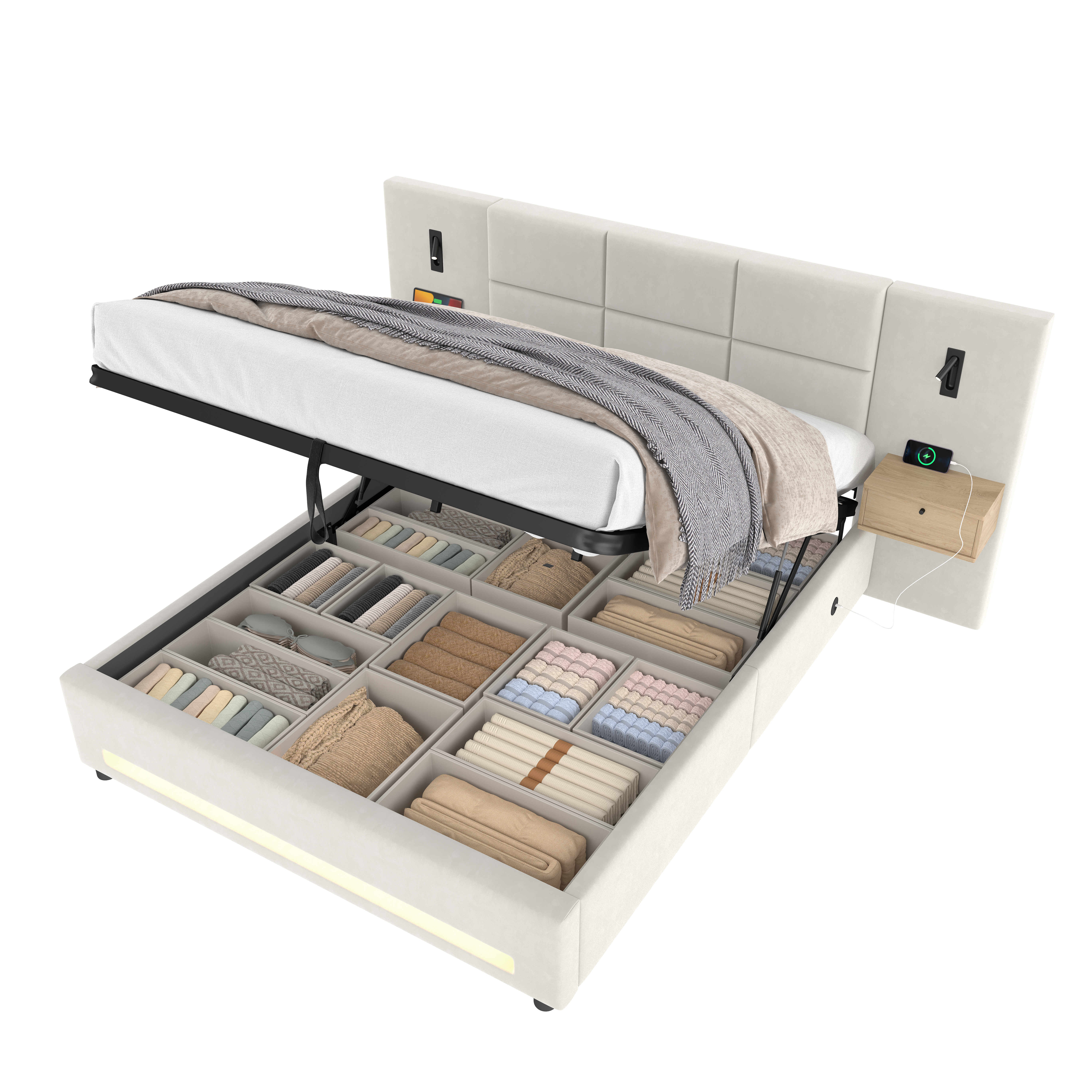 Lit coffre rembourré 160 x 200 cm avec échelle, LED, ports de charge, rangement hydraulique, velours, Beige - fonctions
