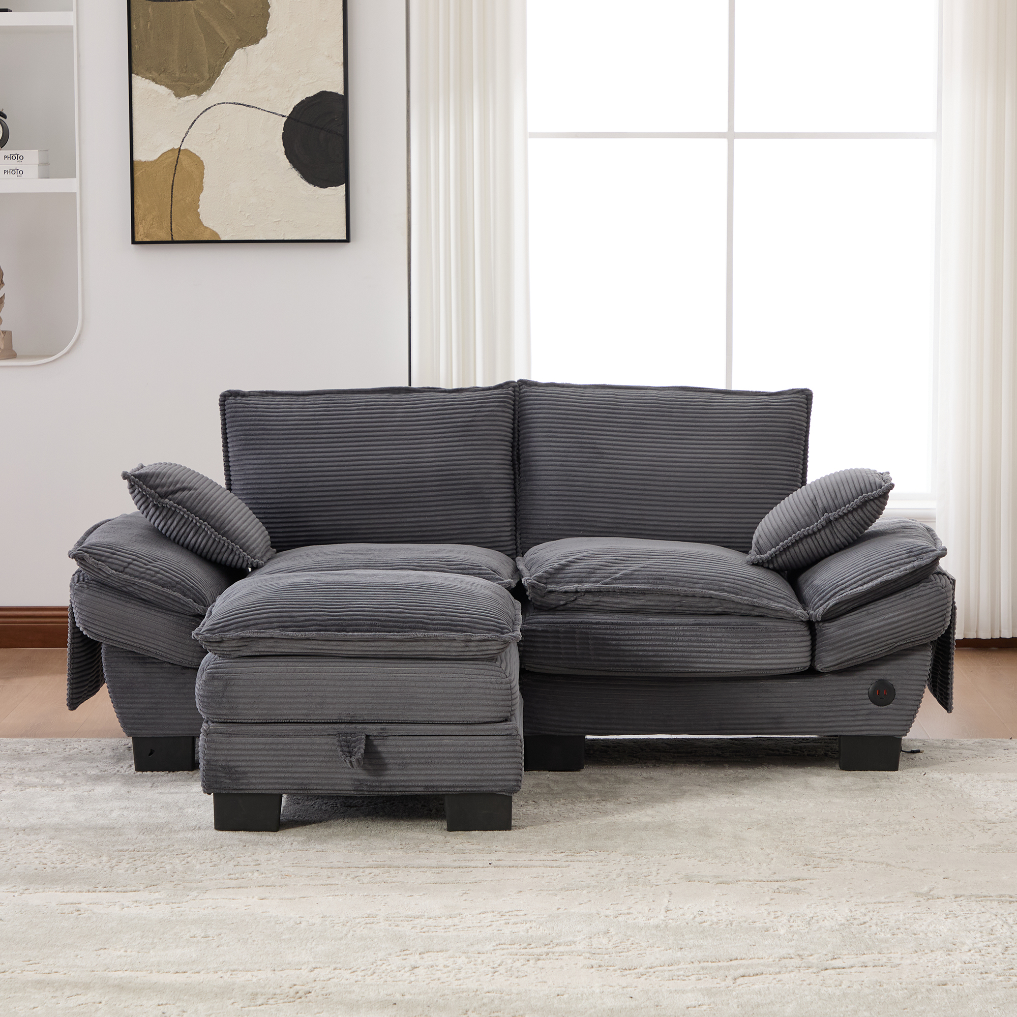 Canapé modulable 2 places 190 x 132 x 84 cm, avec coffre sous l’assise, pouf, ports USB/USB-C et prise électrique, Velours côtelé, gris foncé - présentation 1