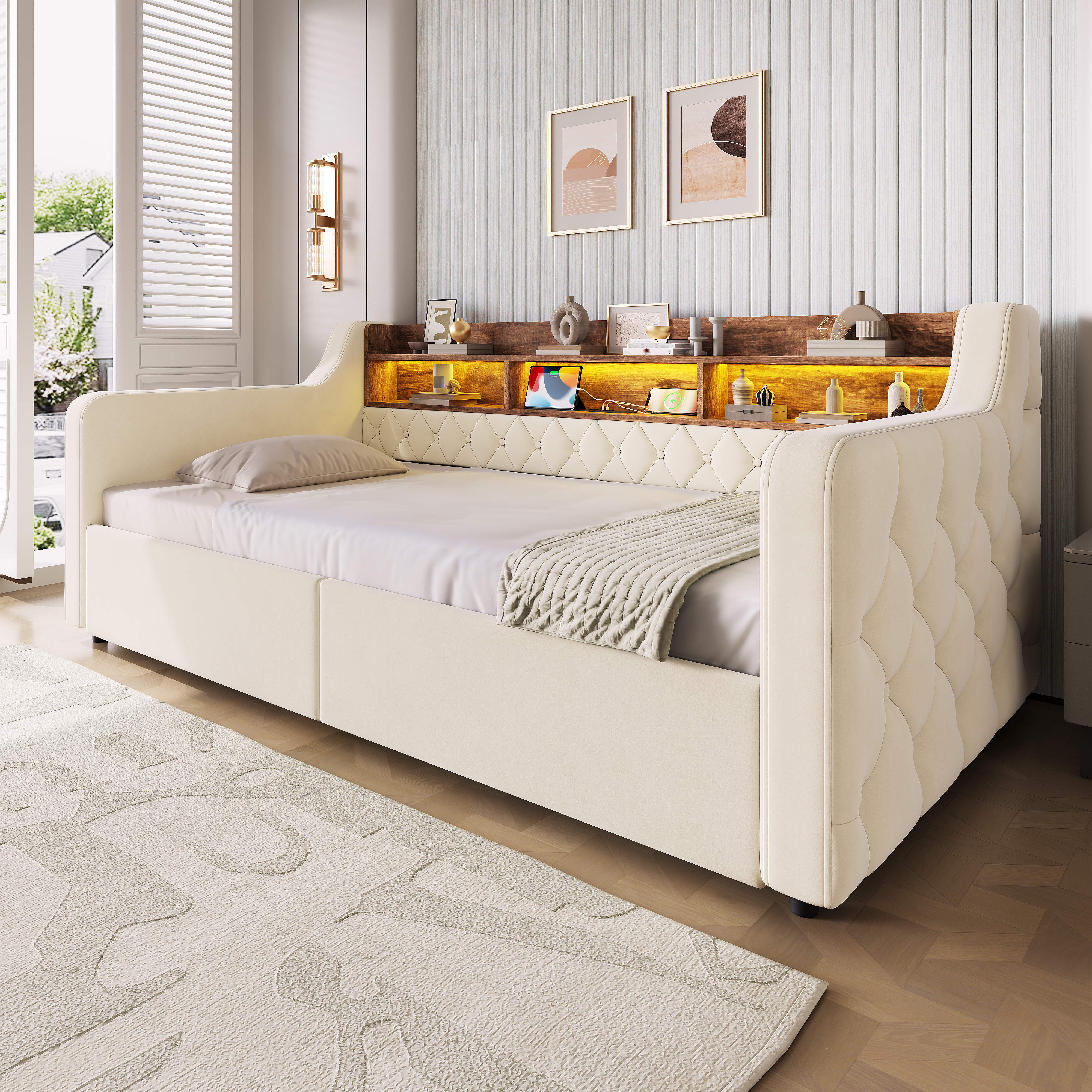 Lit rembourré, ports USB, rangement intégré, avec tiroirs, éclairage led, 200 x 107 x 80 cm, velours, beige - vue 3