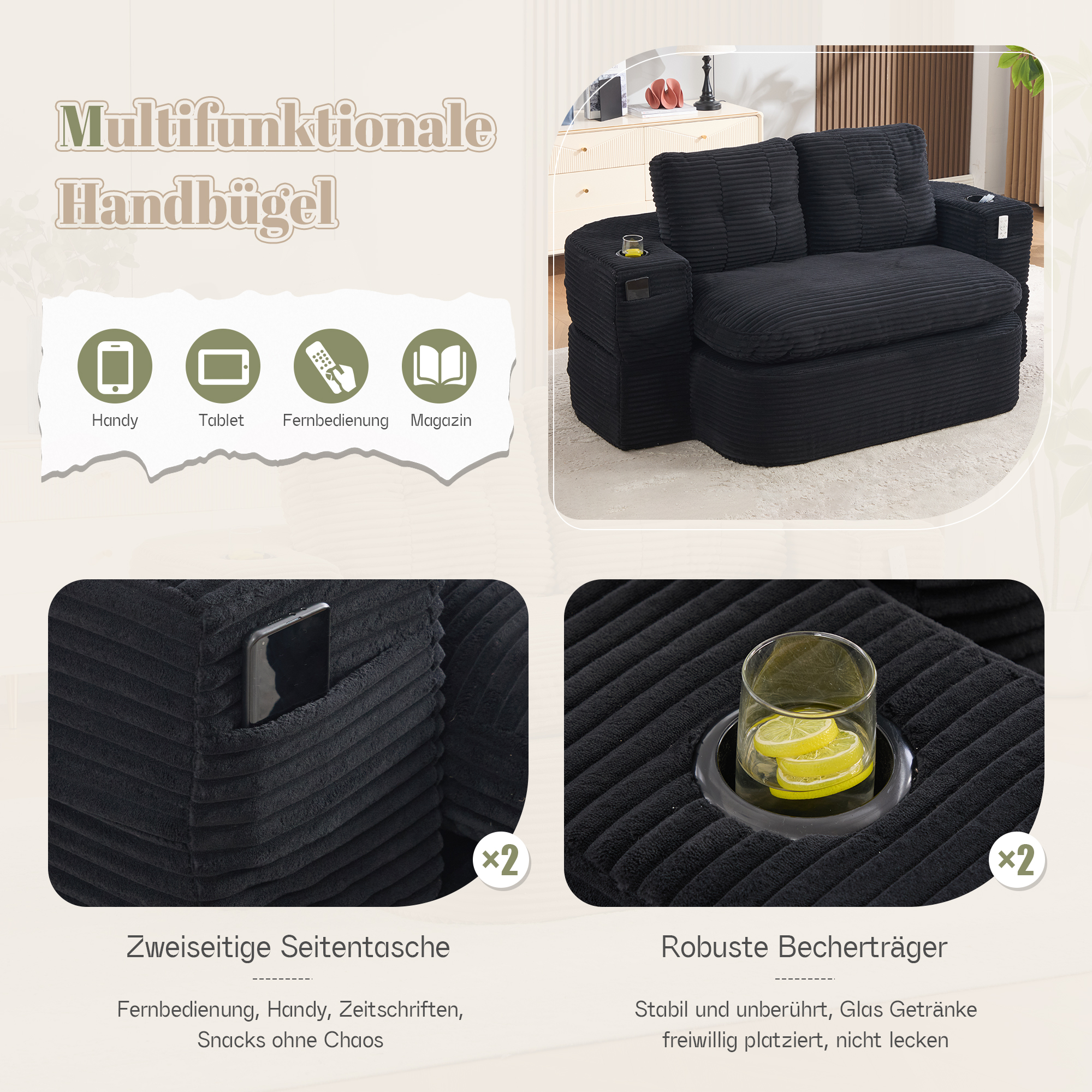 Fauteuil de relaxation 2 place en velours côtelé Noir 🪑 - spécifications 1
