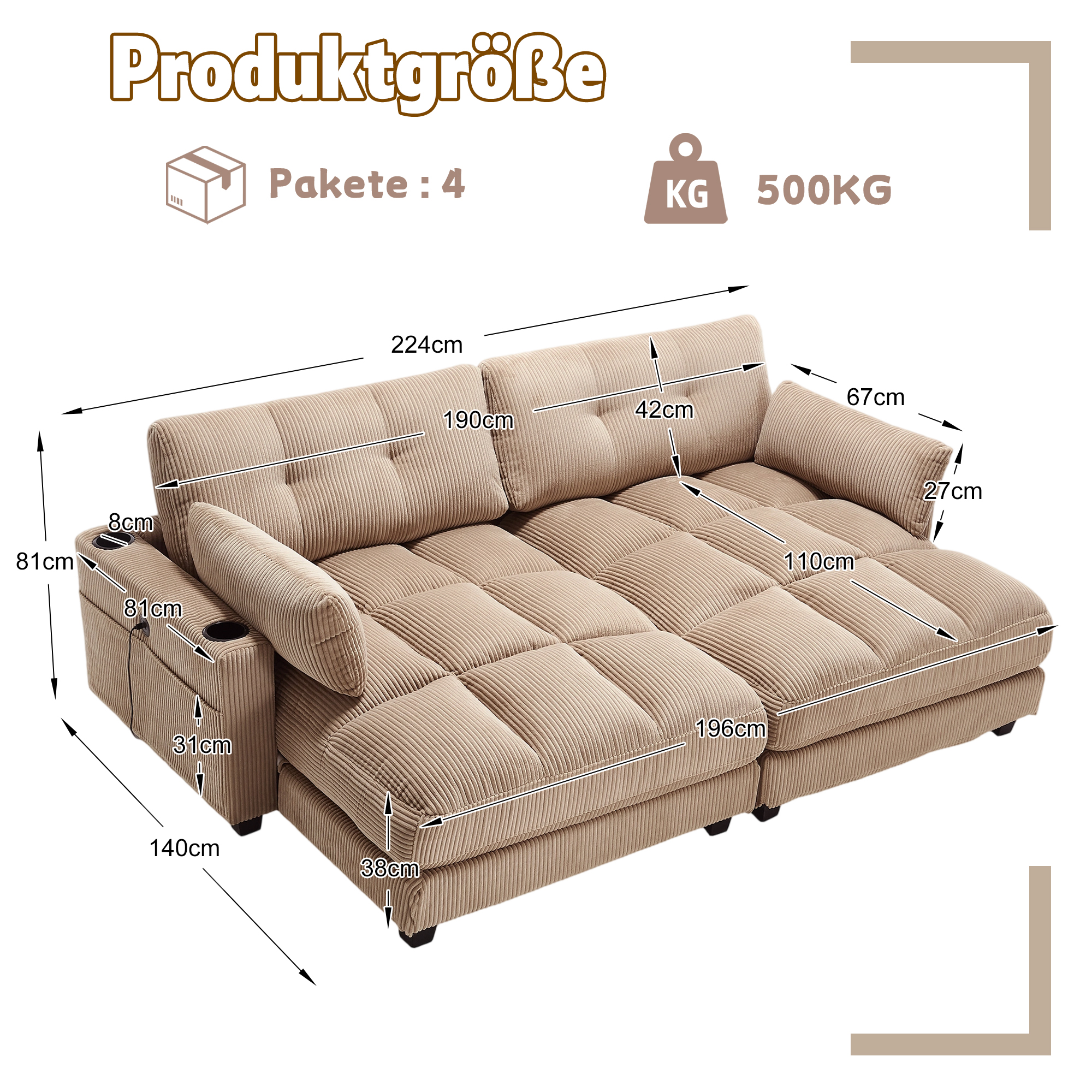 Canapé modulable 2 places 224 x 140 x 81 cm, avec poches latérales, porte-gobelets, port USB et prise électrique, Velours côtelé, taupe - spécifications 1