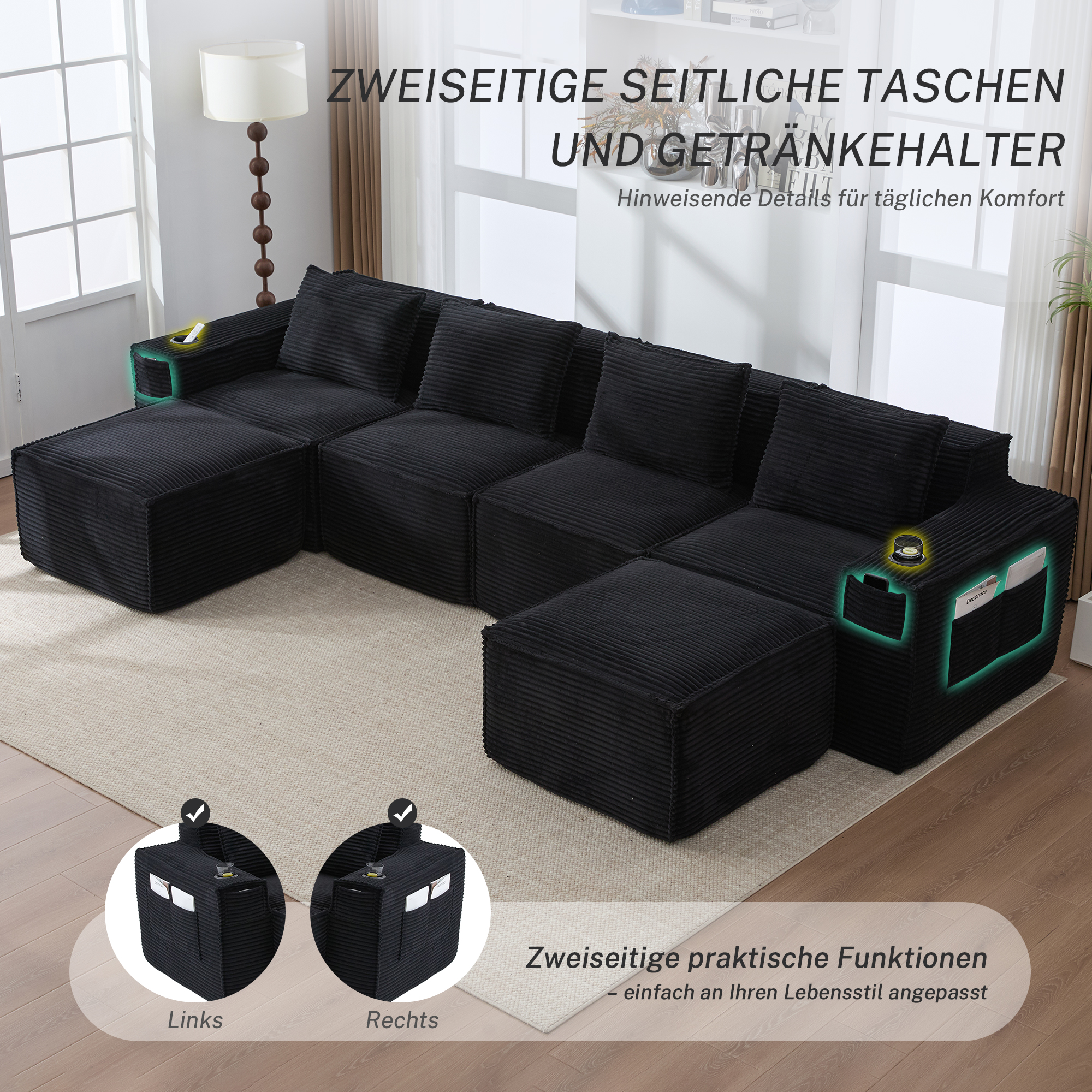 Canapé 4 places 330x162x75 cm avec rangements, poufs, porte-gobelets en velours côtelé noir - vue complémentaire 1