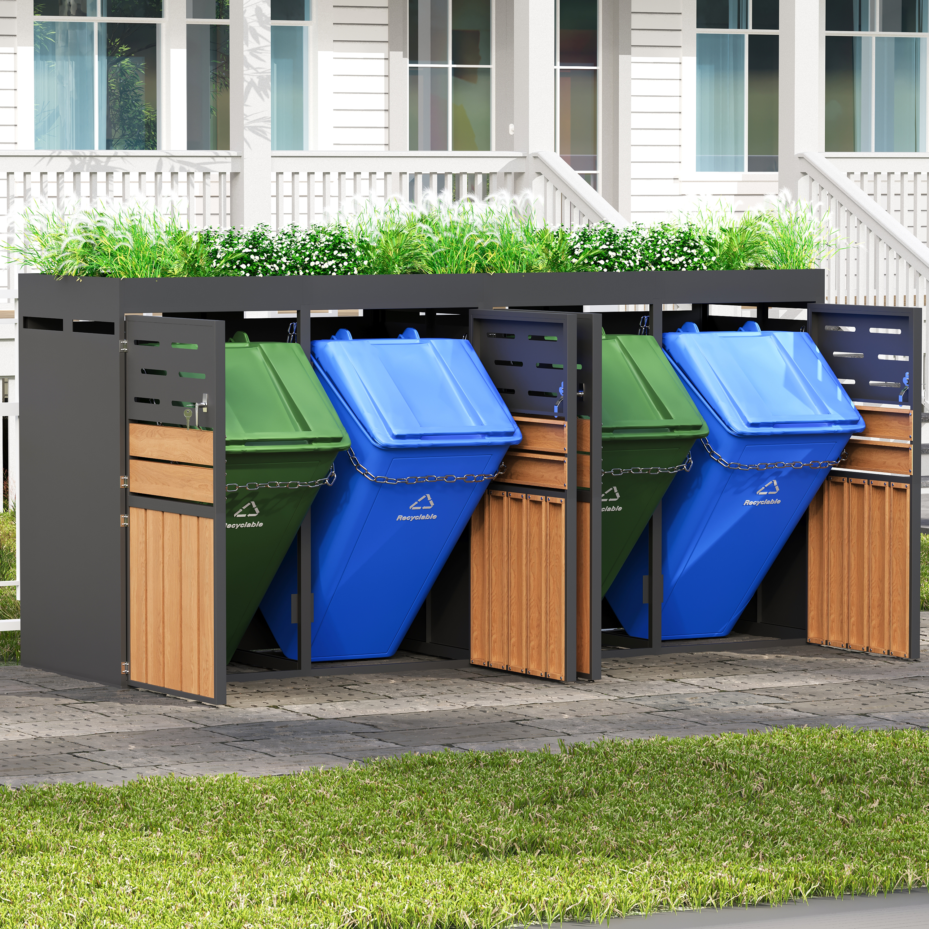 Armoire 2‑en‑1 bac à fleurs cache‑poubelle vue générale